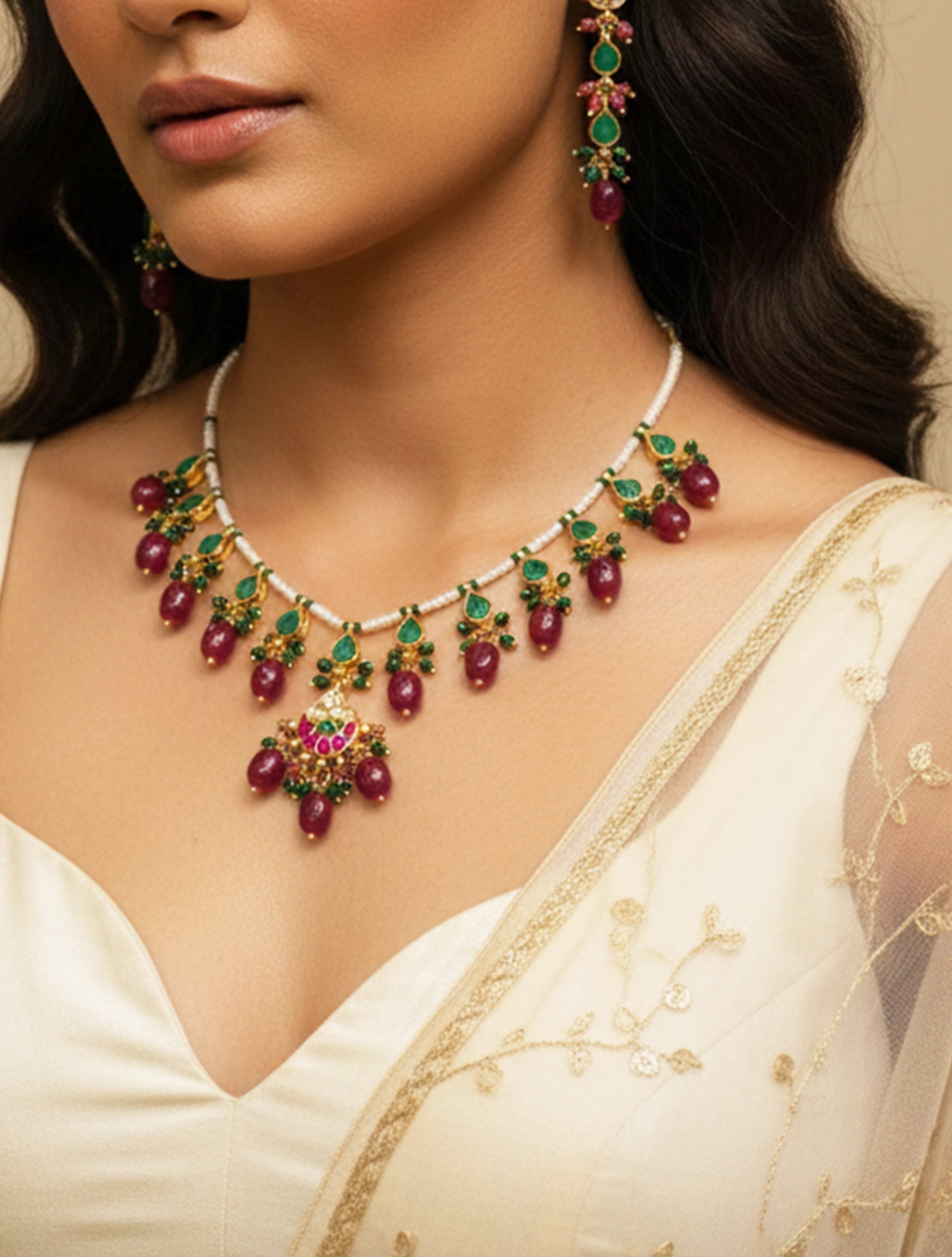 trueBrowns Maroon Pearl Necklace Set