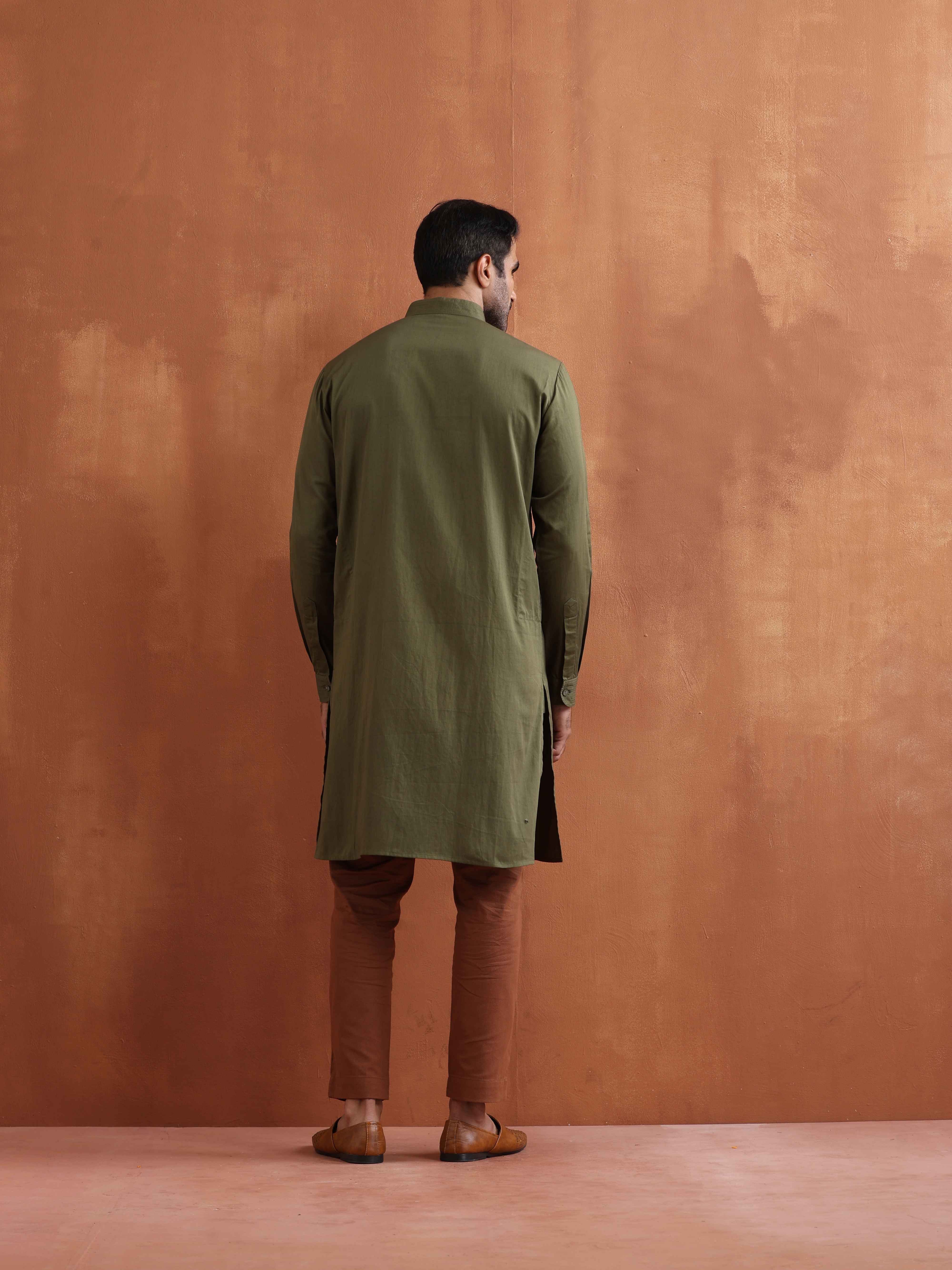 trueBrowns Men's Olive Green Cotton Front Open Kurta