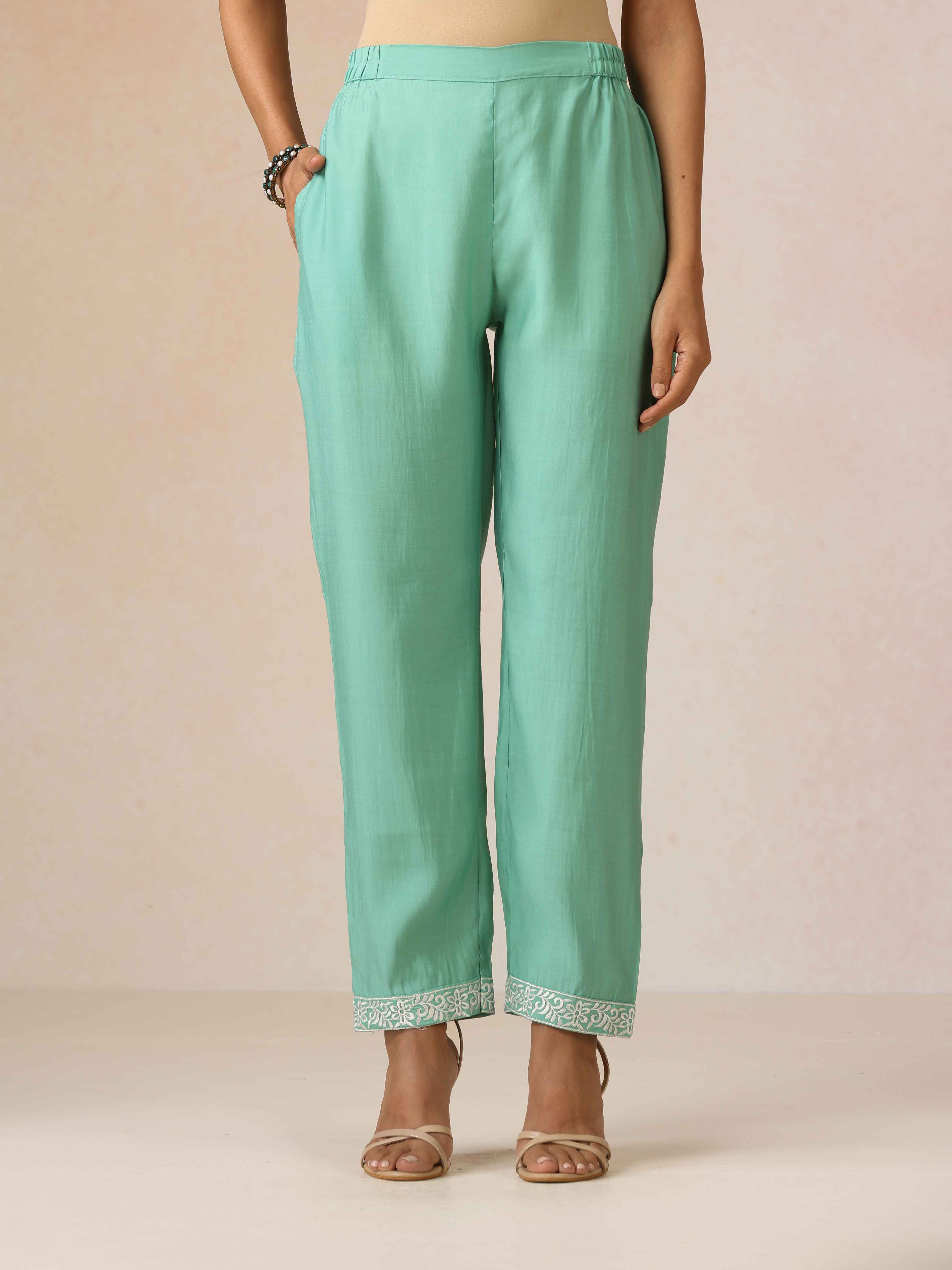 trueBrowns Mint Green Embroidered Straight Kurta Co-Ord Set