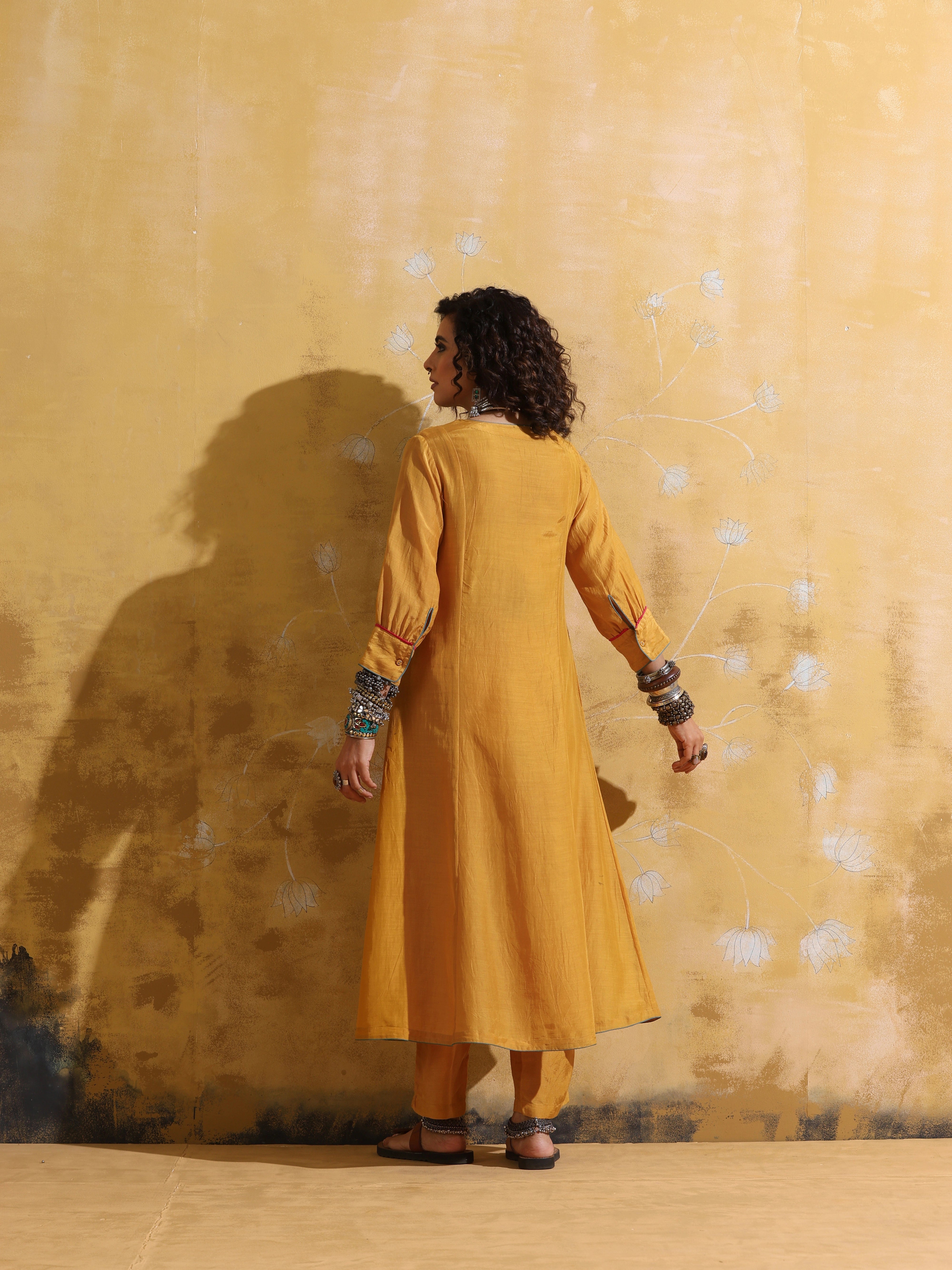 trueBrowns Mustard Muslin Silk A-line Kurta Pant Set