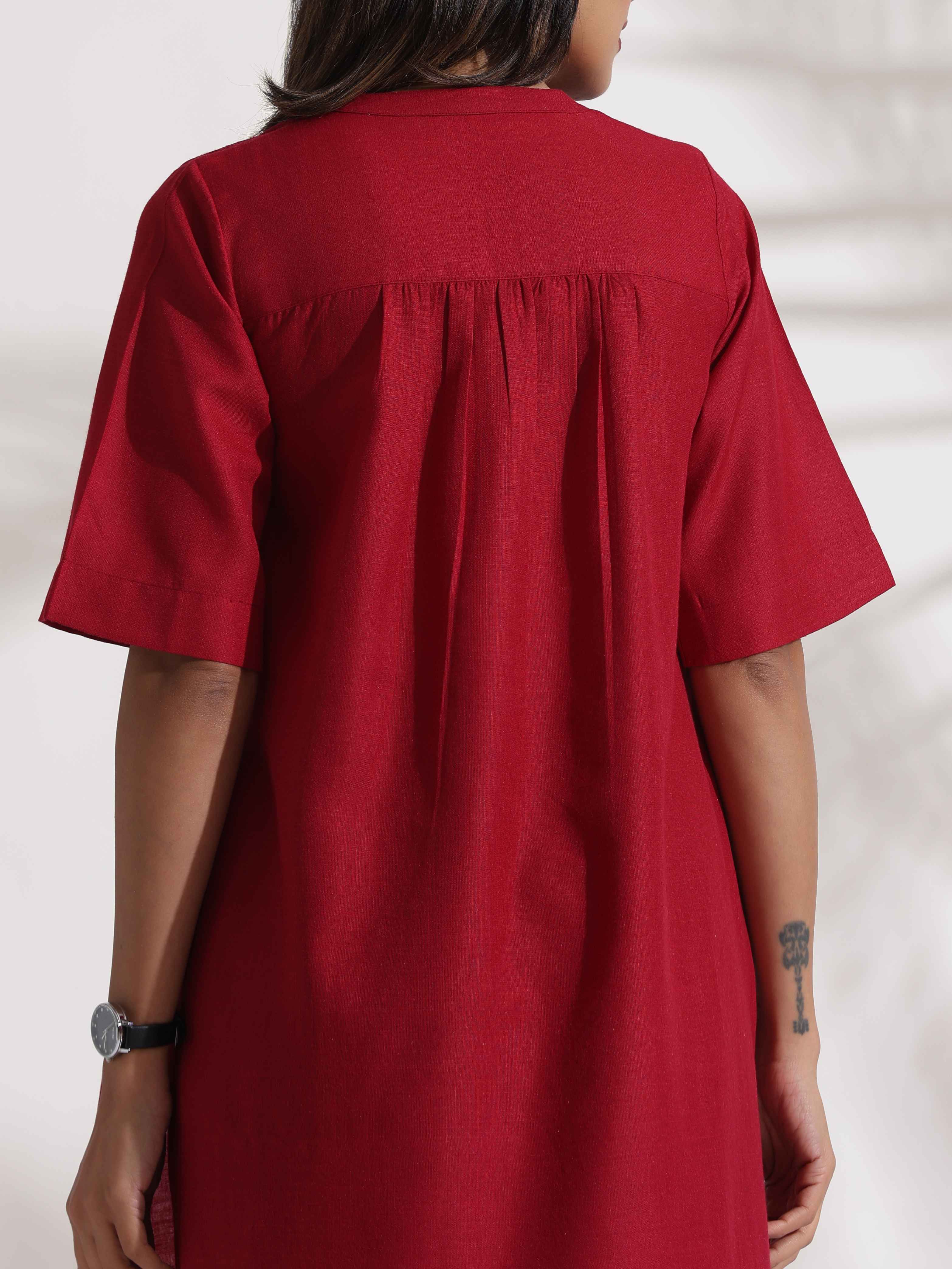 trueBrowns Maroon Slub Highslit Kurta Set