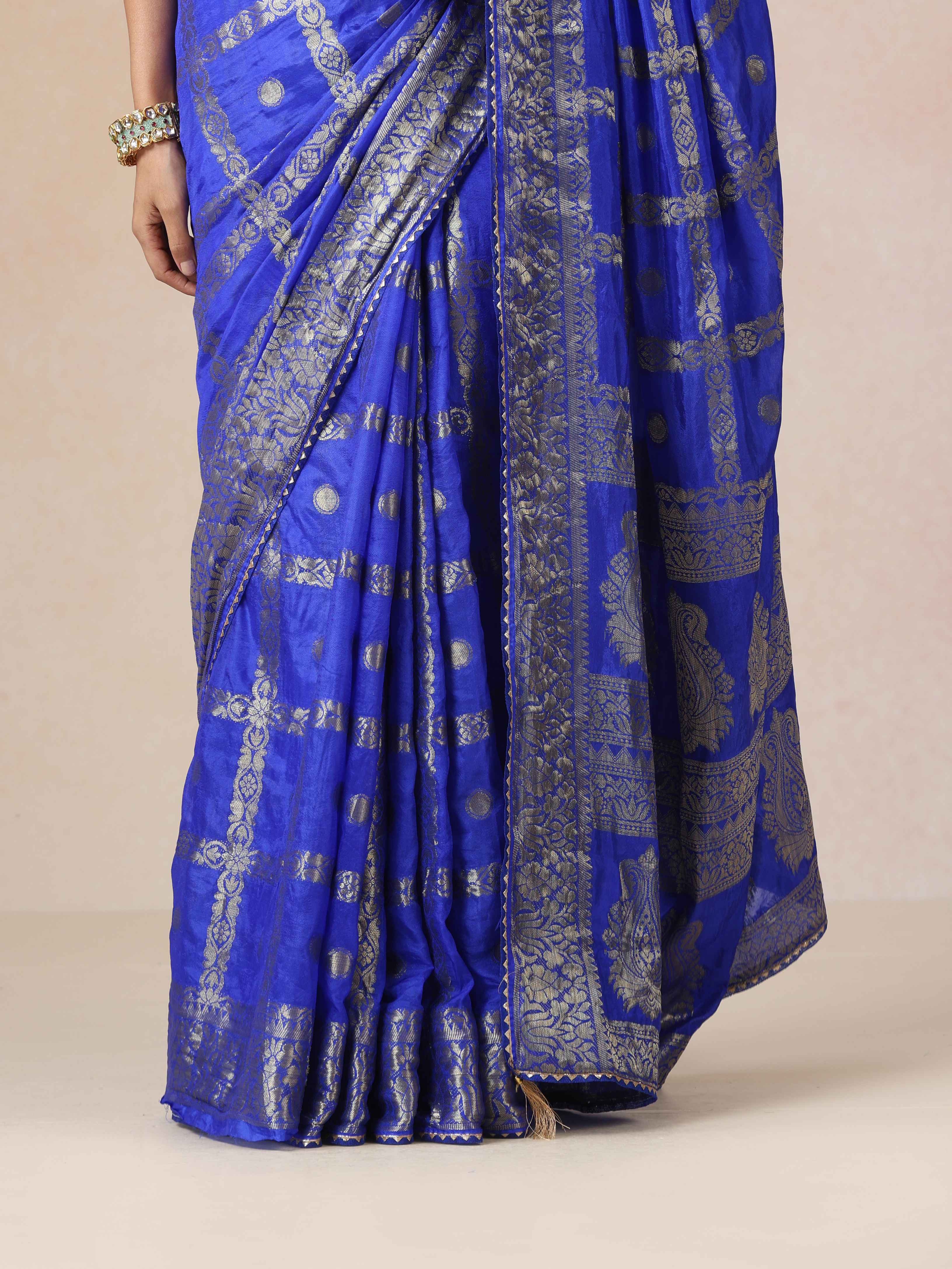 trueBrowns Electric Blue Bandhani Jacquard Saree With Unstitched Blouse