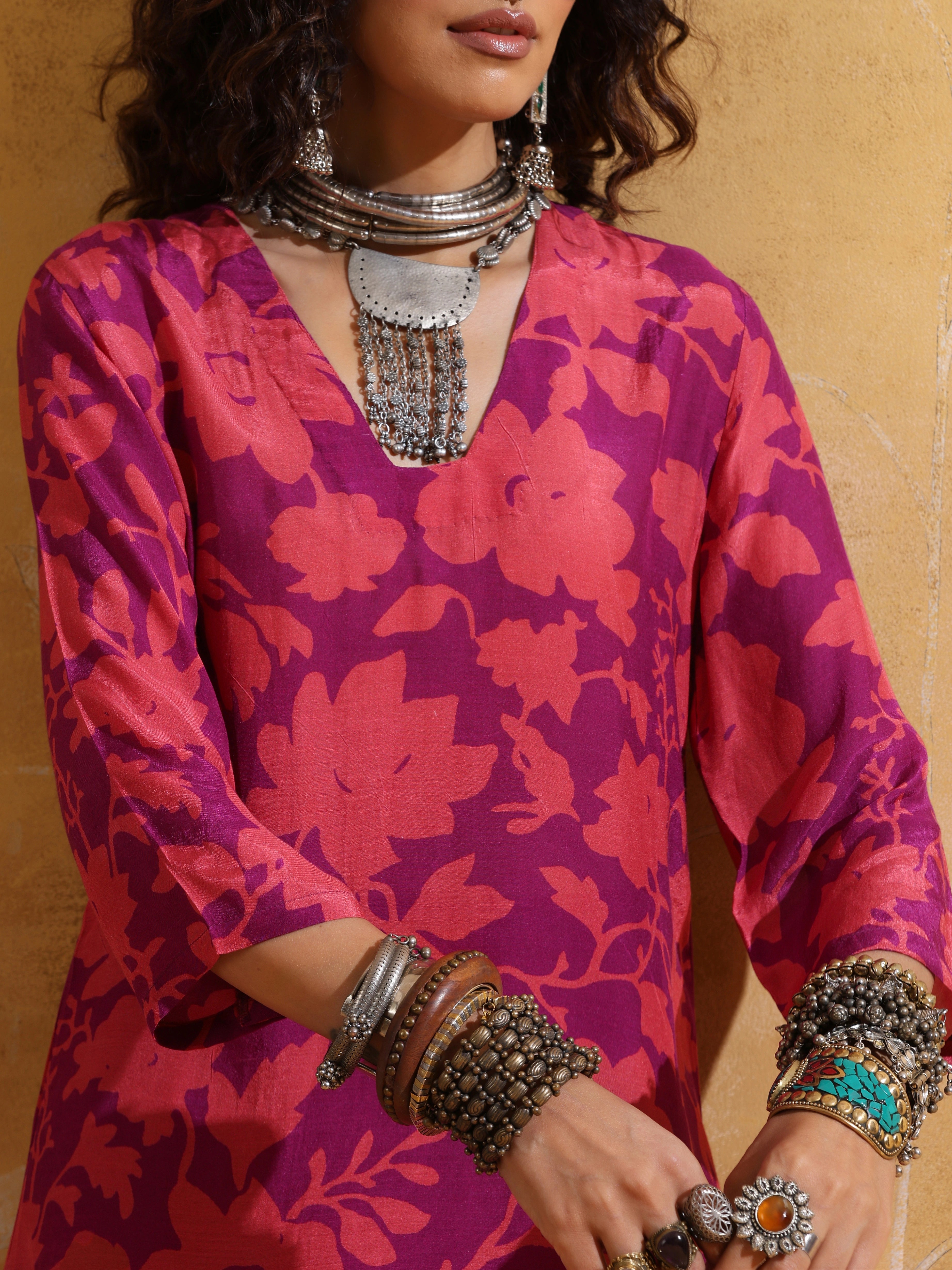 trueBrowns Purple Peach Jaal Print Muslin Silk Flared Pants Co-ord Set