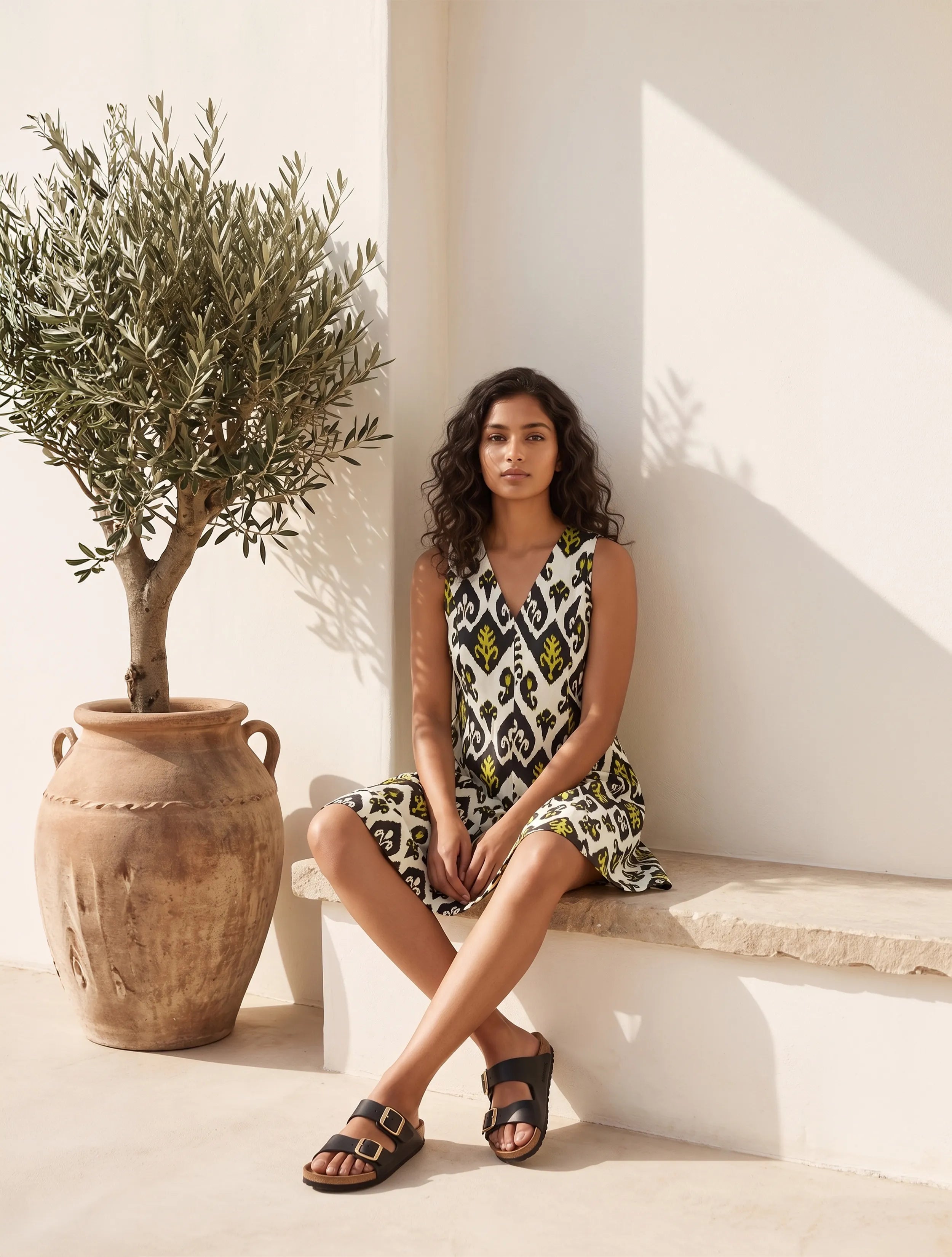 trueBrowns Black White Ikat Print Cotton Sleeveless Short Dress