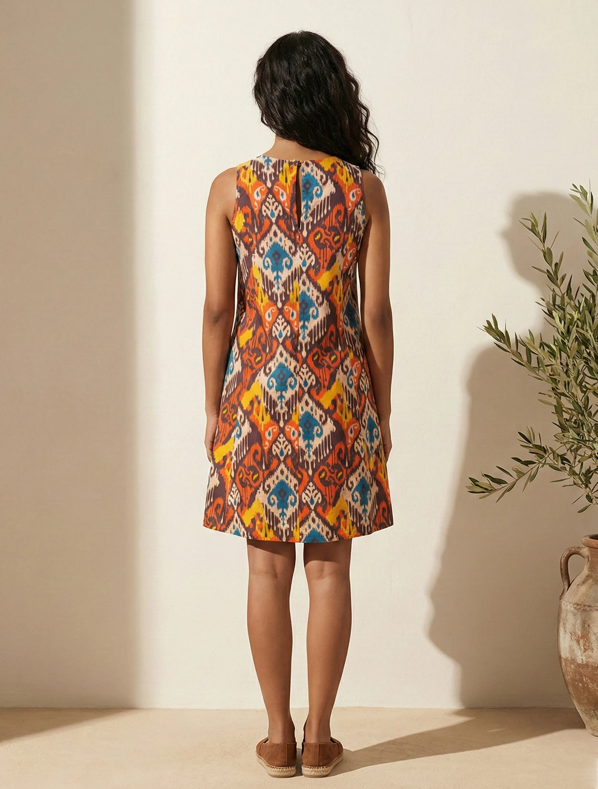 trueBrowns Multicolour Ikat Print Cotton Poplin Sleeveless Short Dress