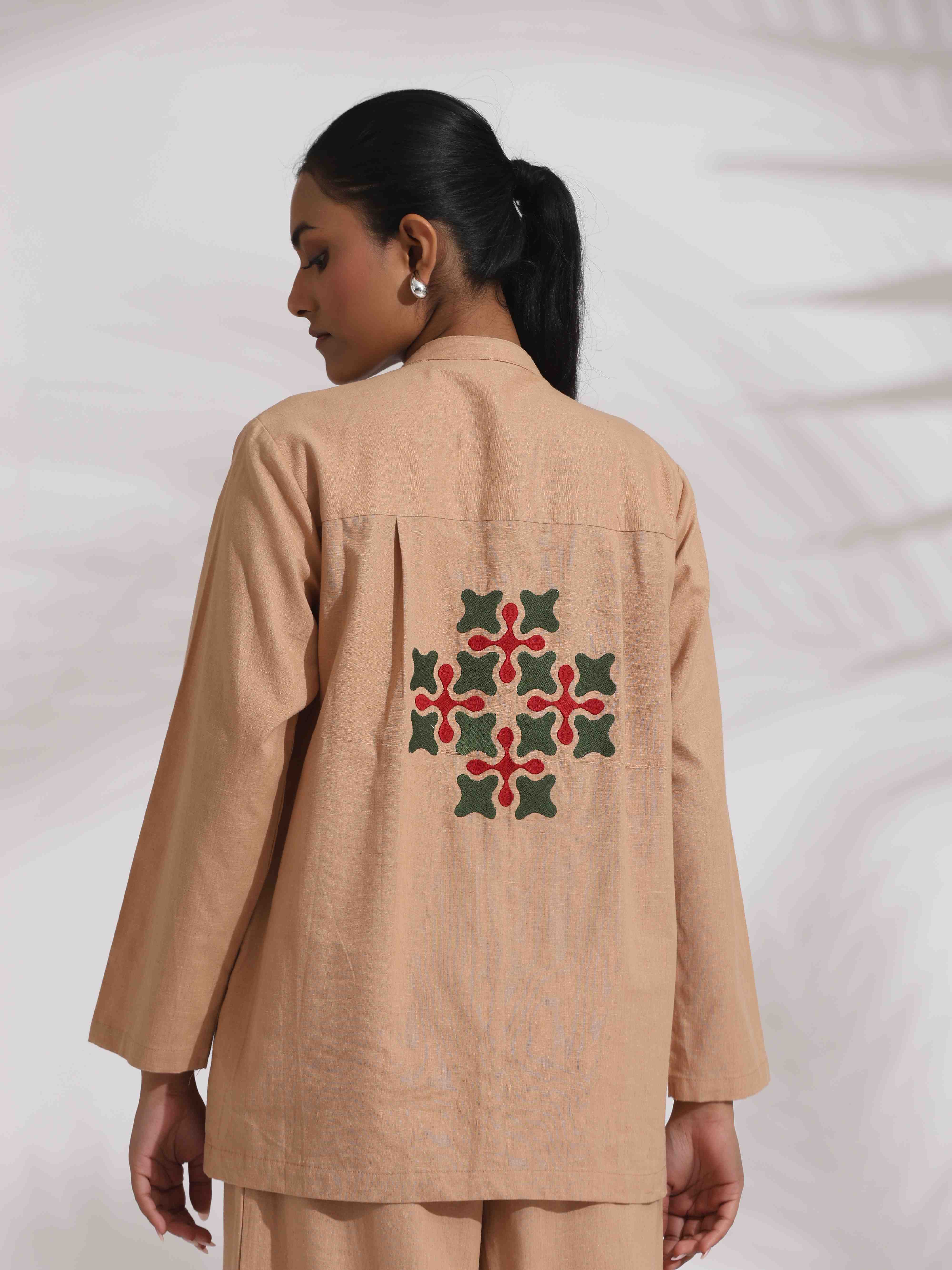 trueBrowns Beige Cotton Embroidered Shirt Top Co-ord Set