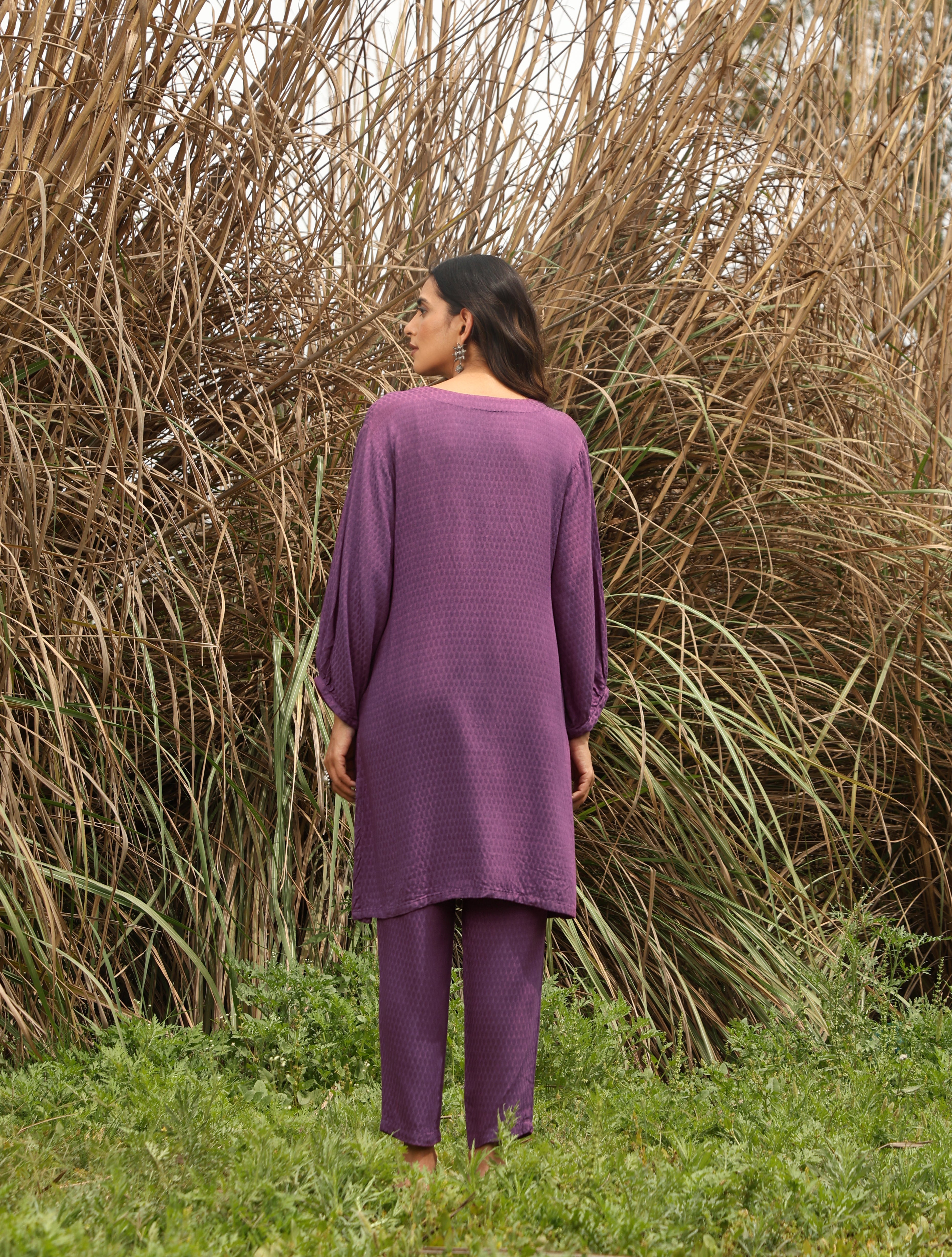 trueBrowns Purple Viscose Dobby Relaxed Co-ord Set
