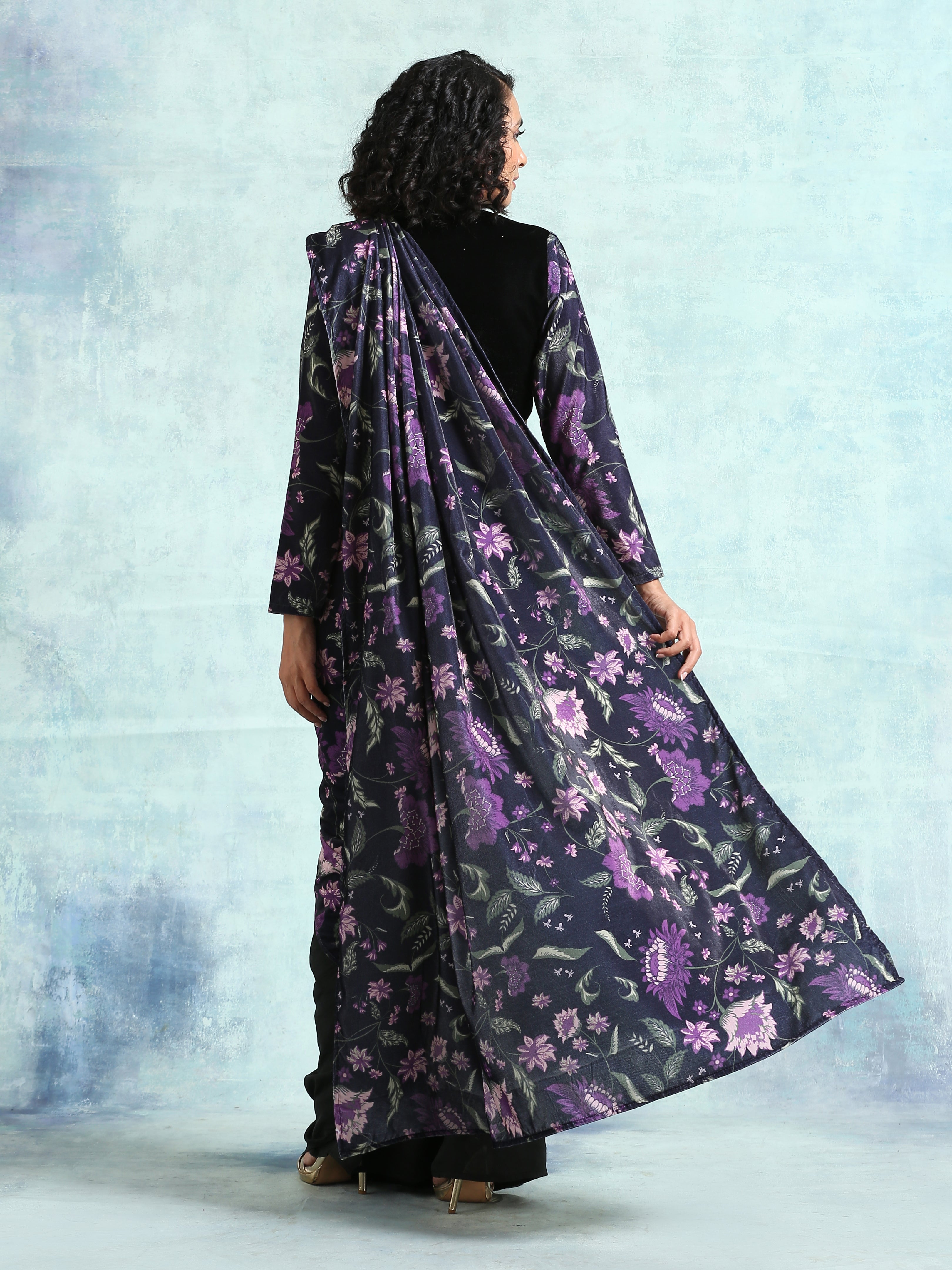 Black Printed Velvet Ready To Wear Saree