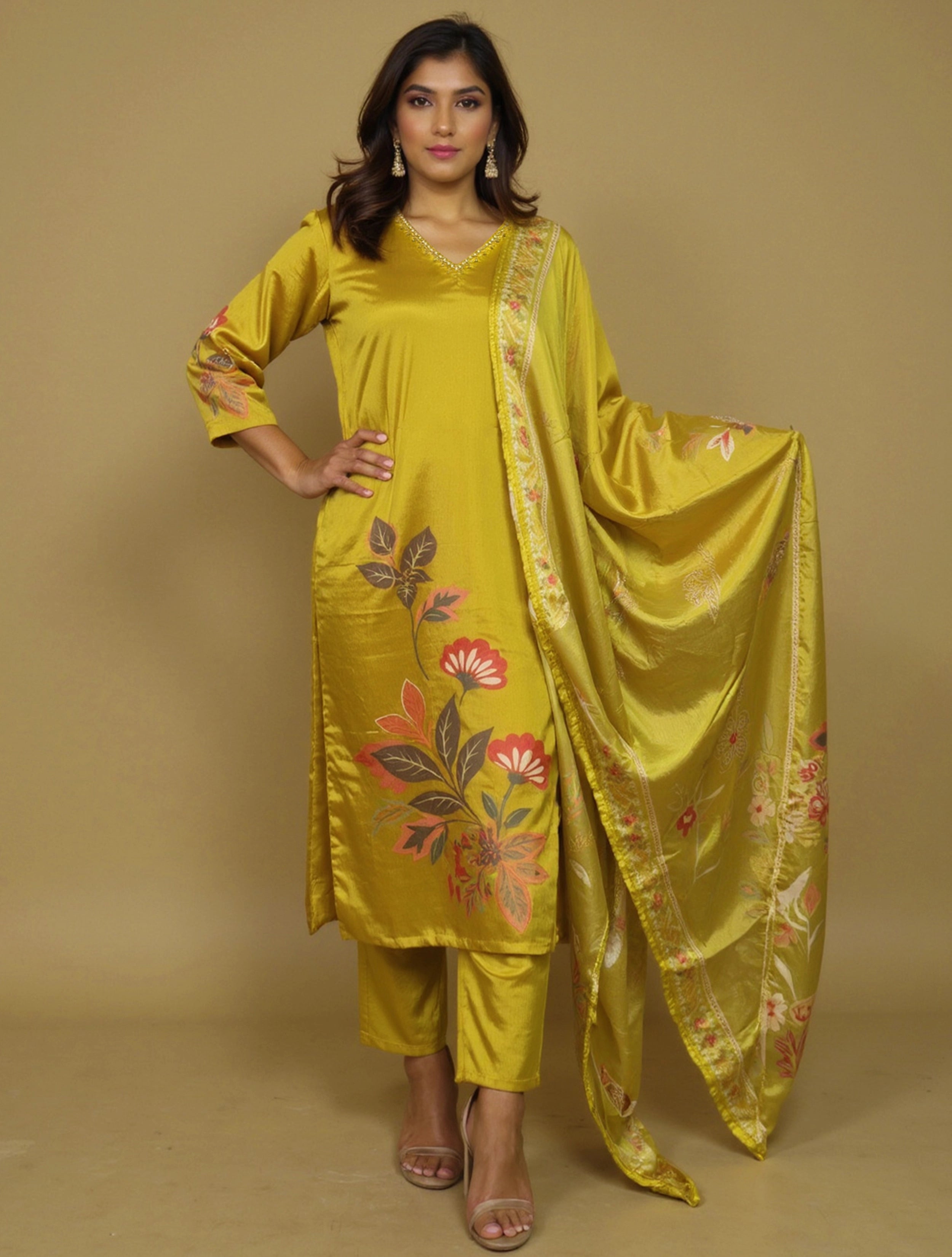 trueBrowns Green Floral V-Neck Emb Straight Kurta Pant Dupatta Set