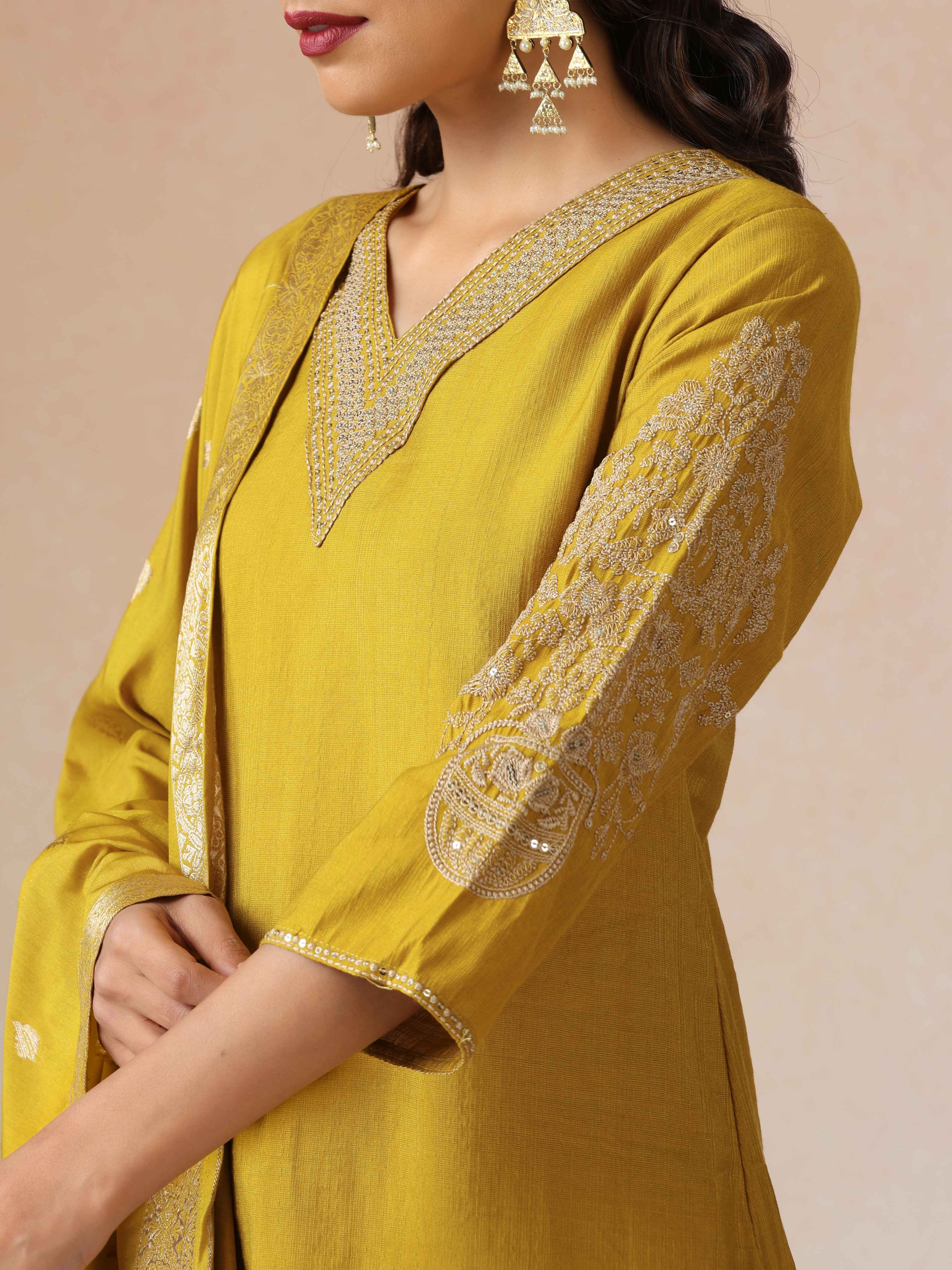 trueBrowns Mustard Embroidered Straight Kurta Pant Dupatta Set