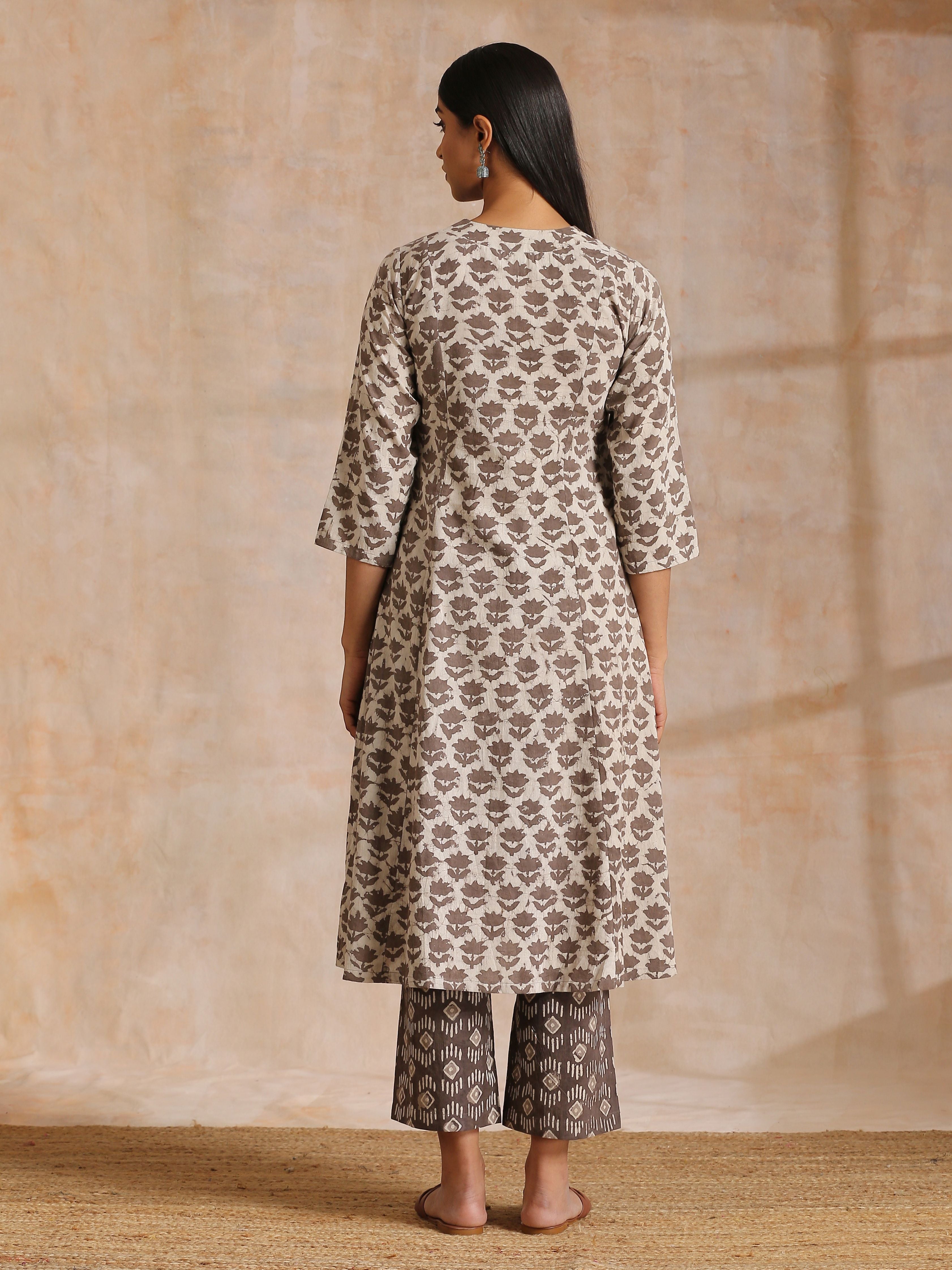 Clay Dabu Buta Print Cotton Front Neck Gathered Kurta Pant Set