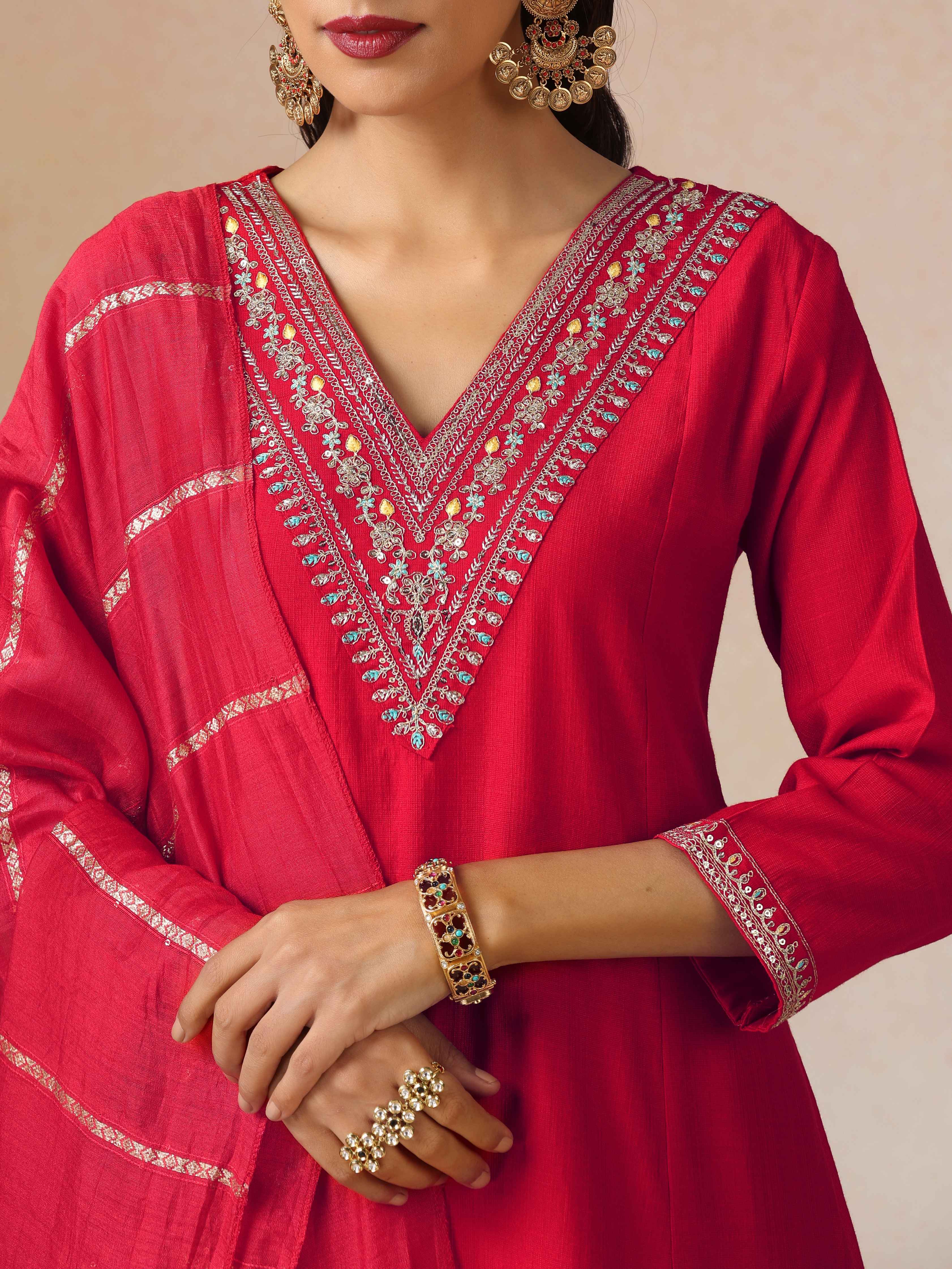 trueBrowns Red Embroidered A-line Kurta 3pc Set