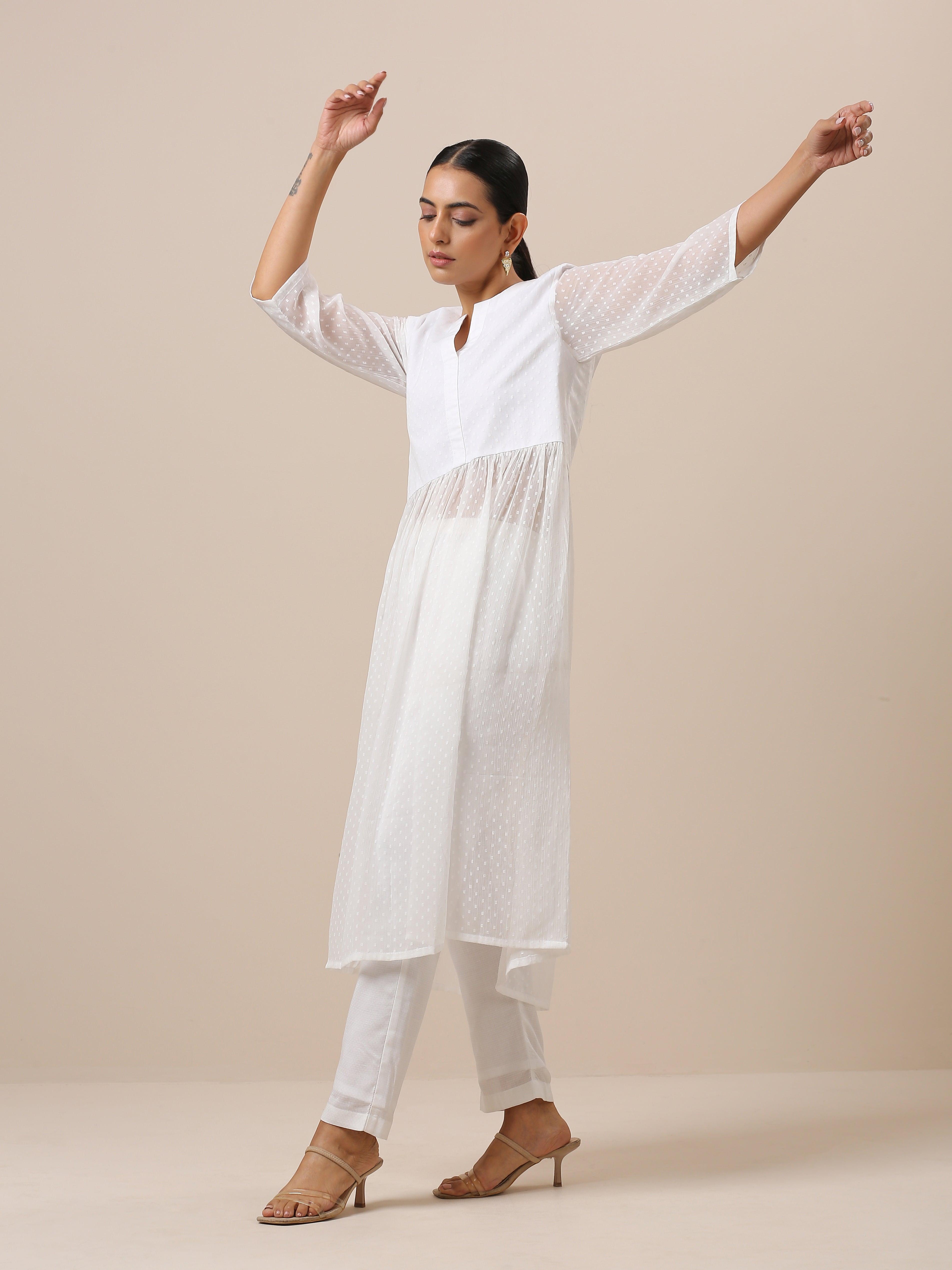Chiffon White Dobby Flared Kurta Pant Set - trueBrowns