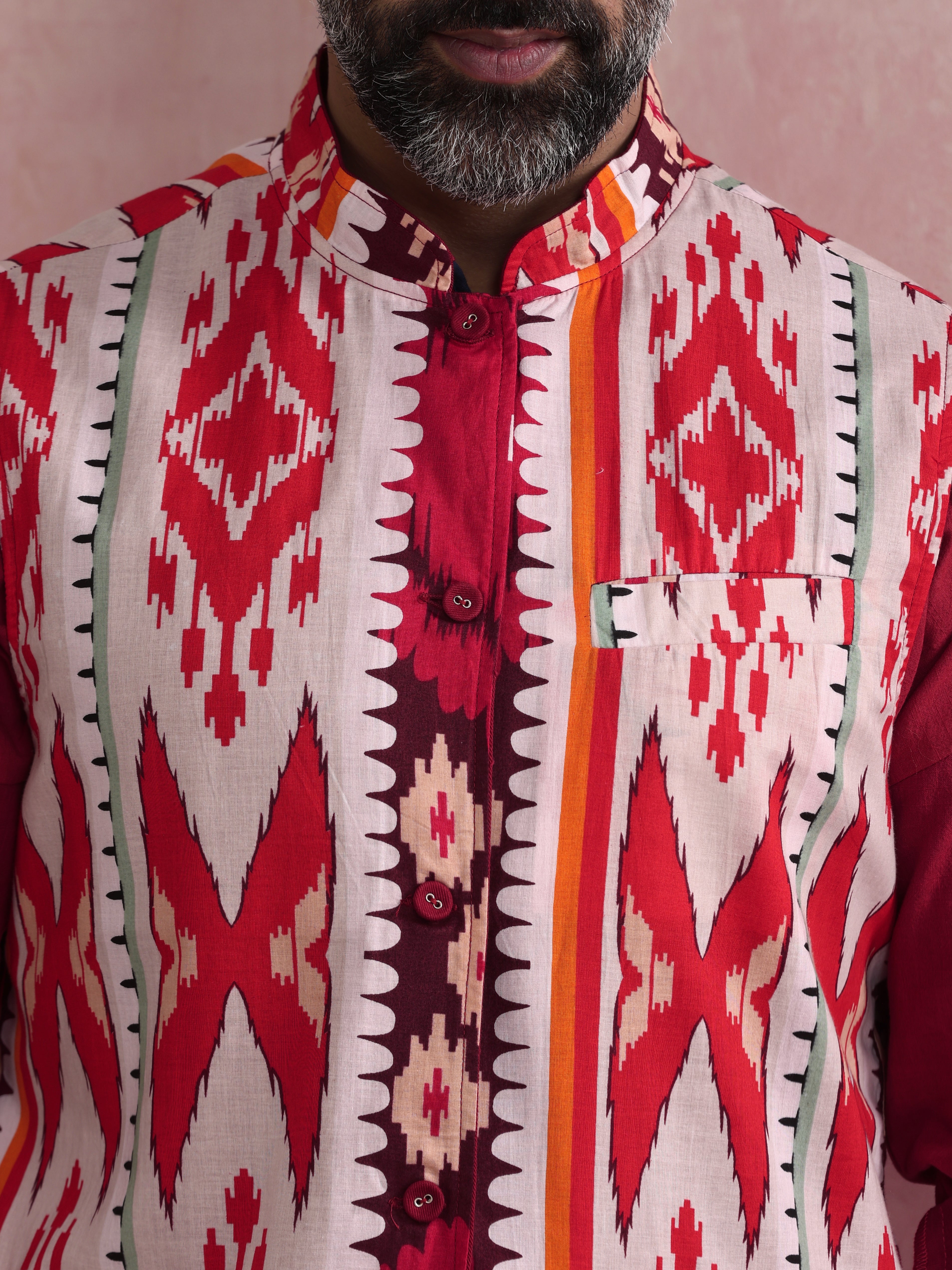 trueBrowns Men's Maroon Ikat Reversible Nehru Jacket