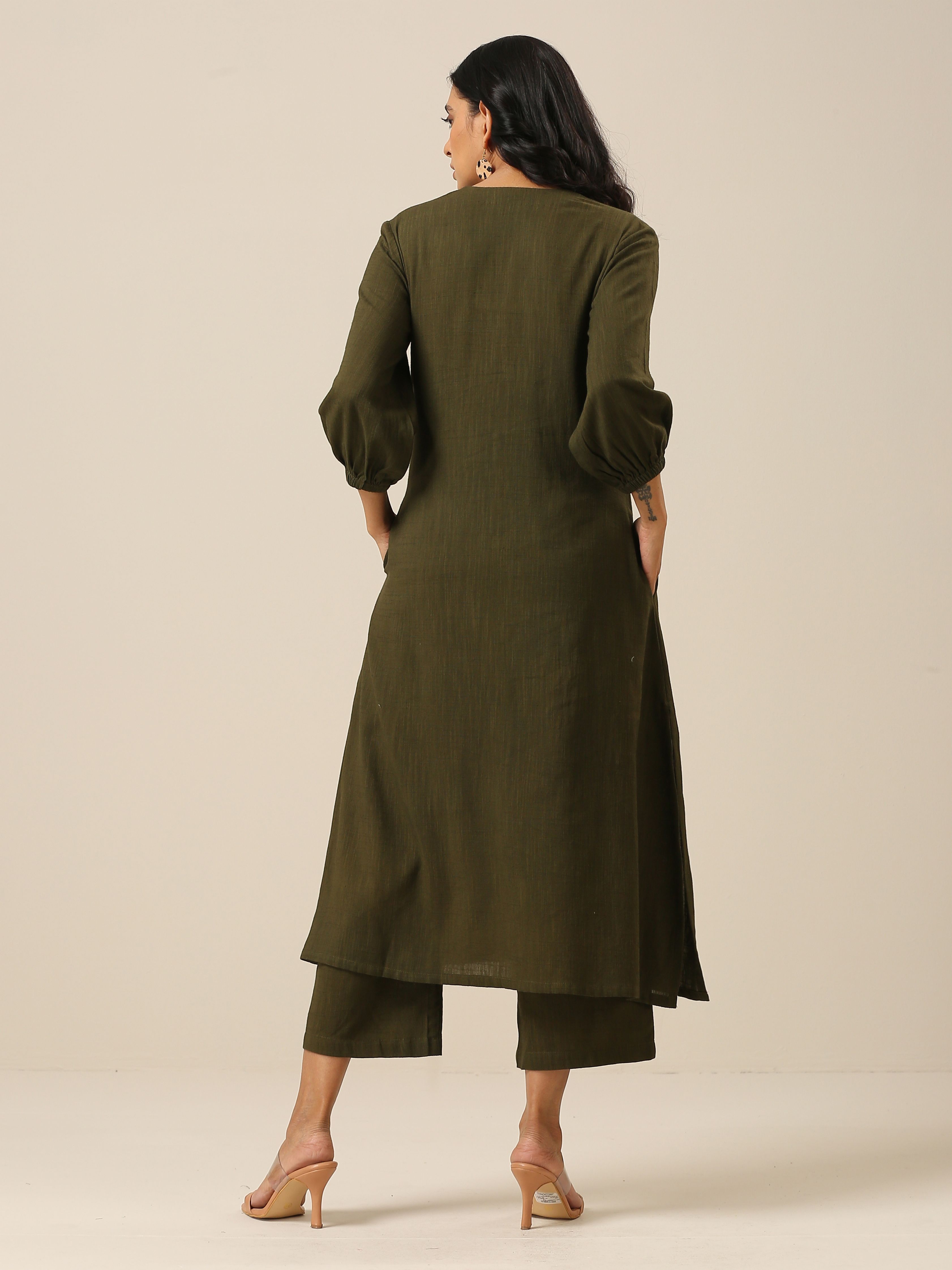 Olive Green Slub Texture Kurta Pant Set