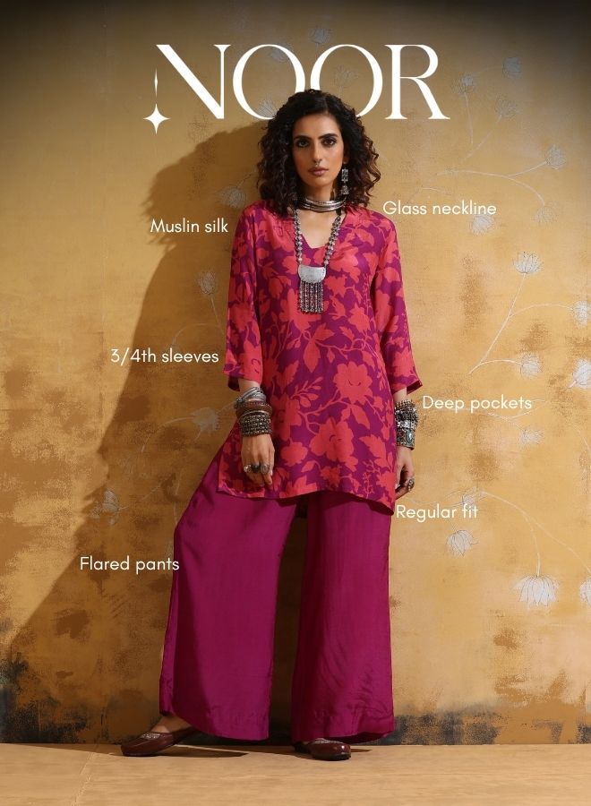 trueBrowns Purple Peach Jaal Print Muslin Silk Flared Pants Co-ord Set