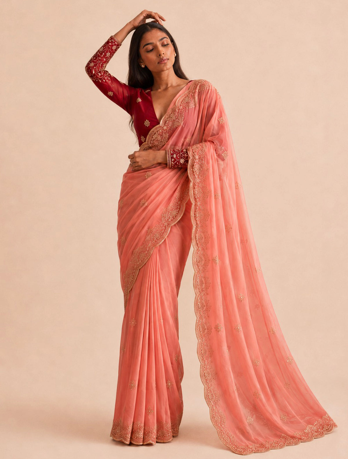 trueBrowns Peach Boota Embroidered Georgette Saree With Unstitched Blouse