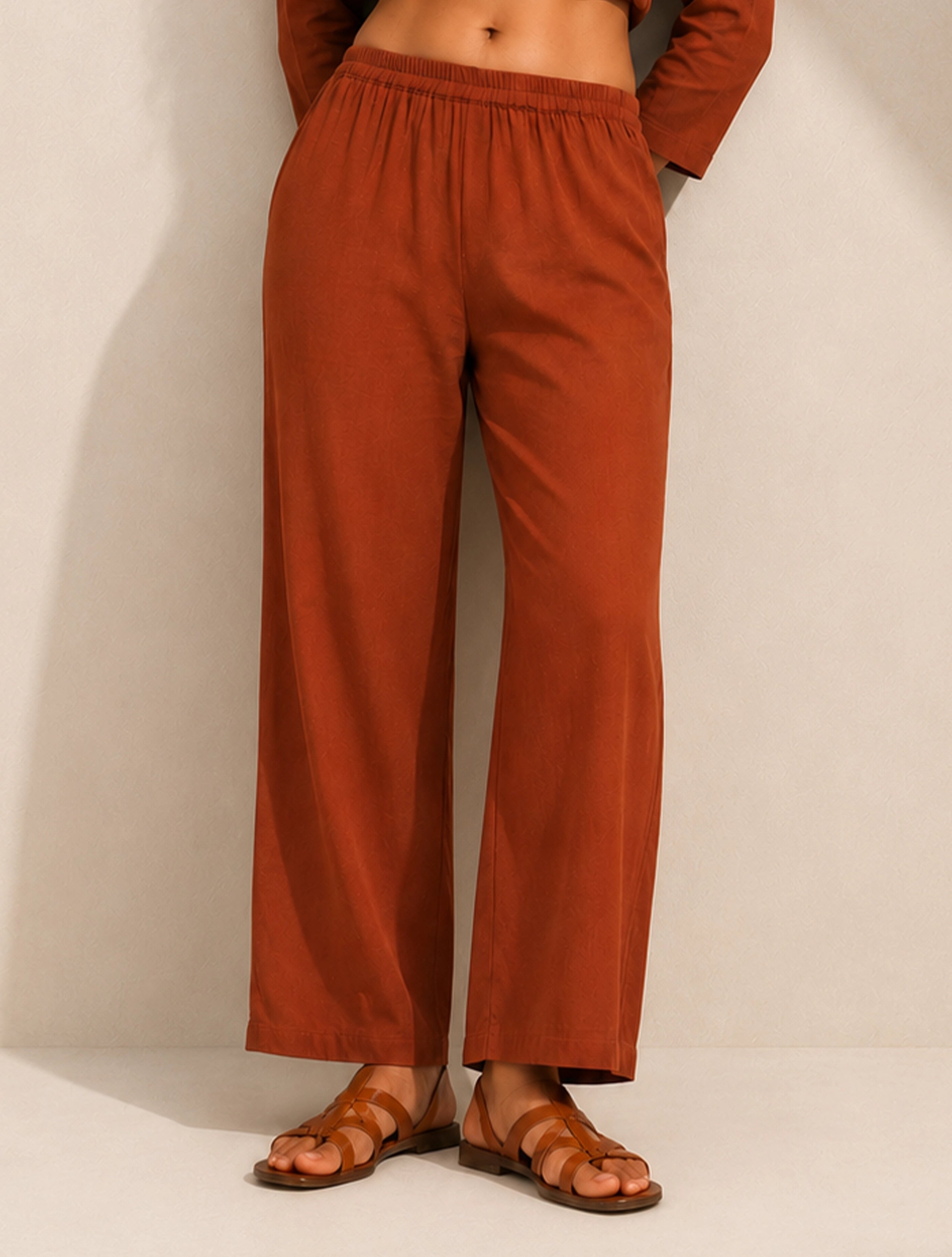 trueBrowns Rust Solid Viscose Round Neck Co-Ord Set