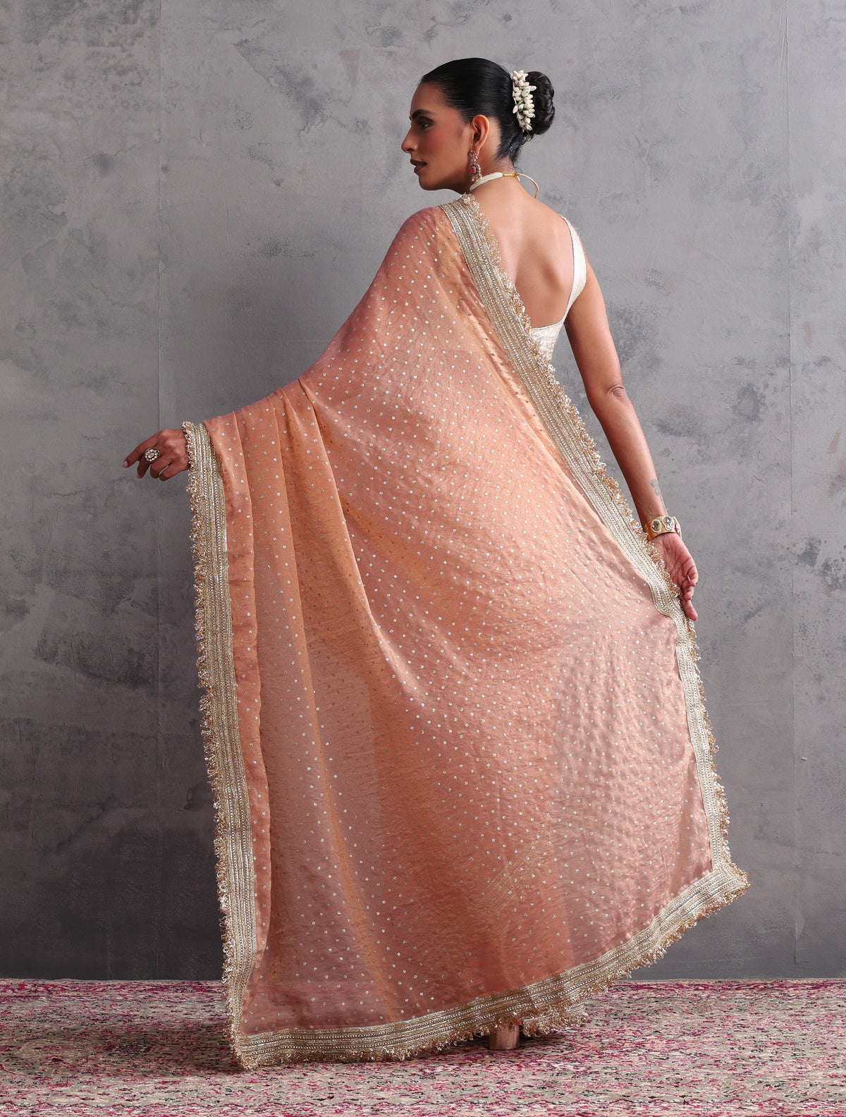 trueBrowns Peach Tissue Foil Printed Saree With Unstitched Blouse