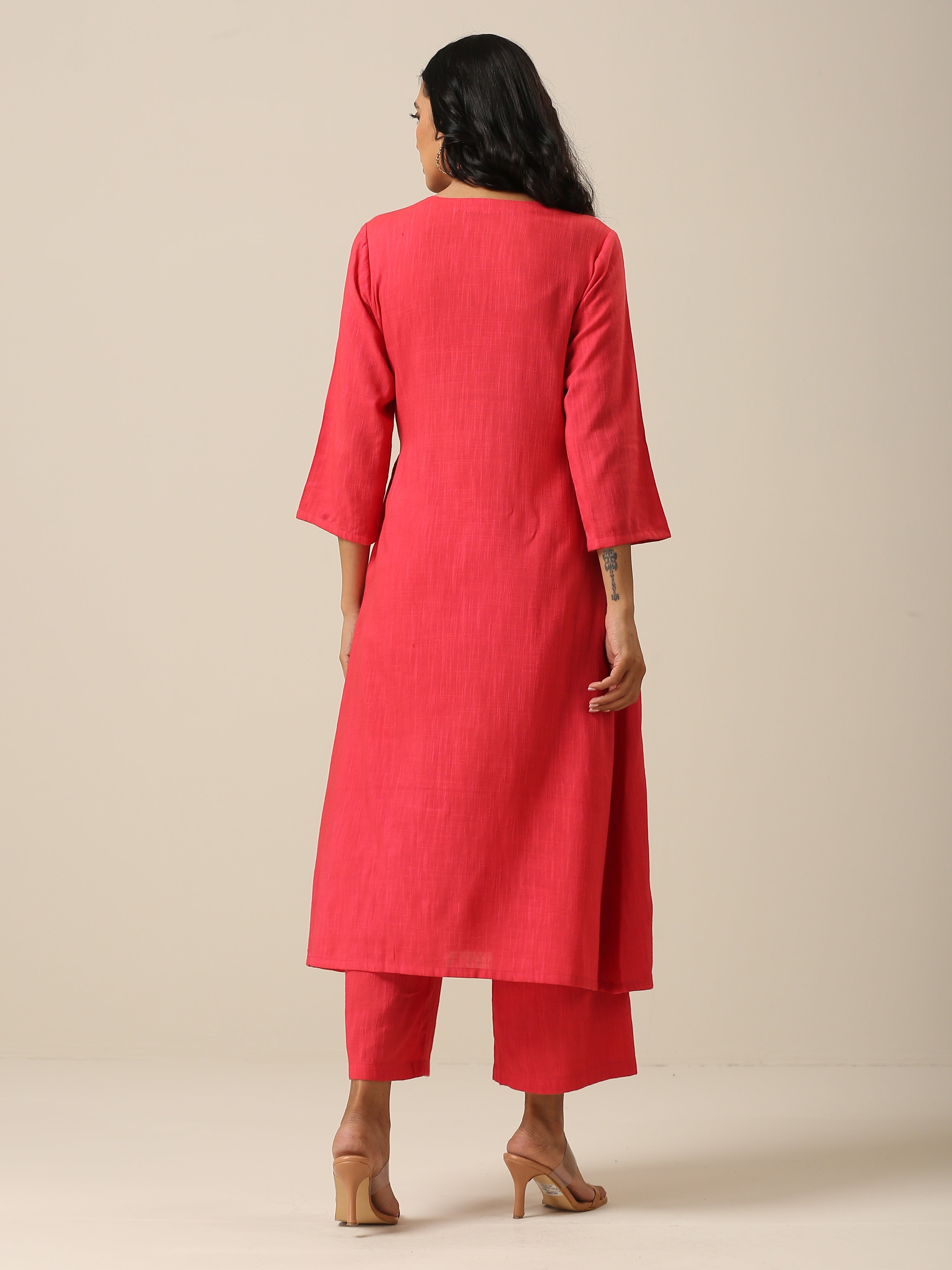 Bright Pink Slub Texture Angrakha Pant Set
