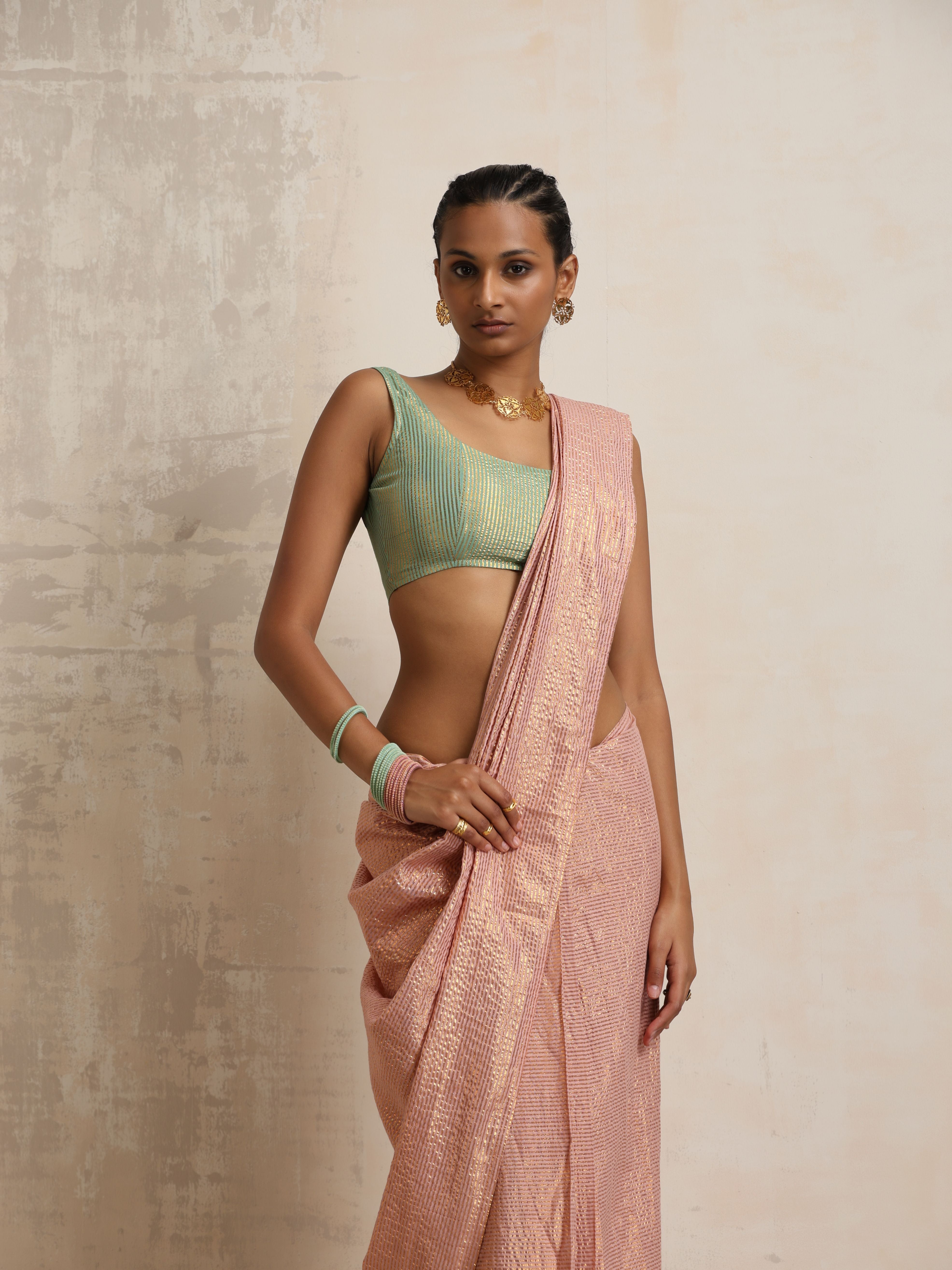 trueBrowns Pink Gold Lurex Saree