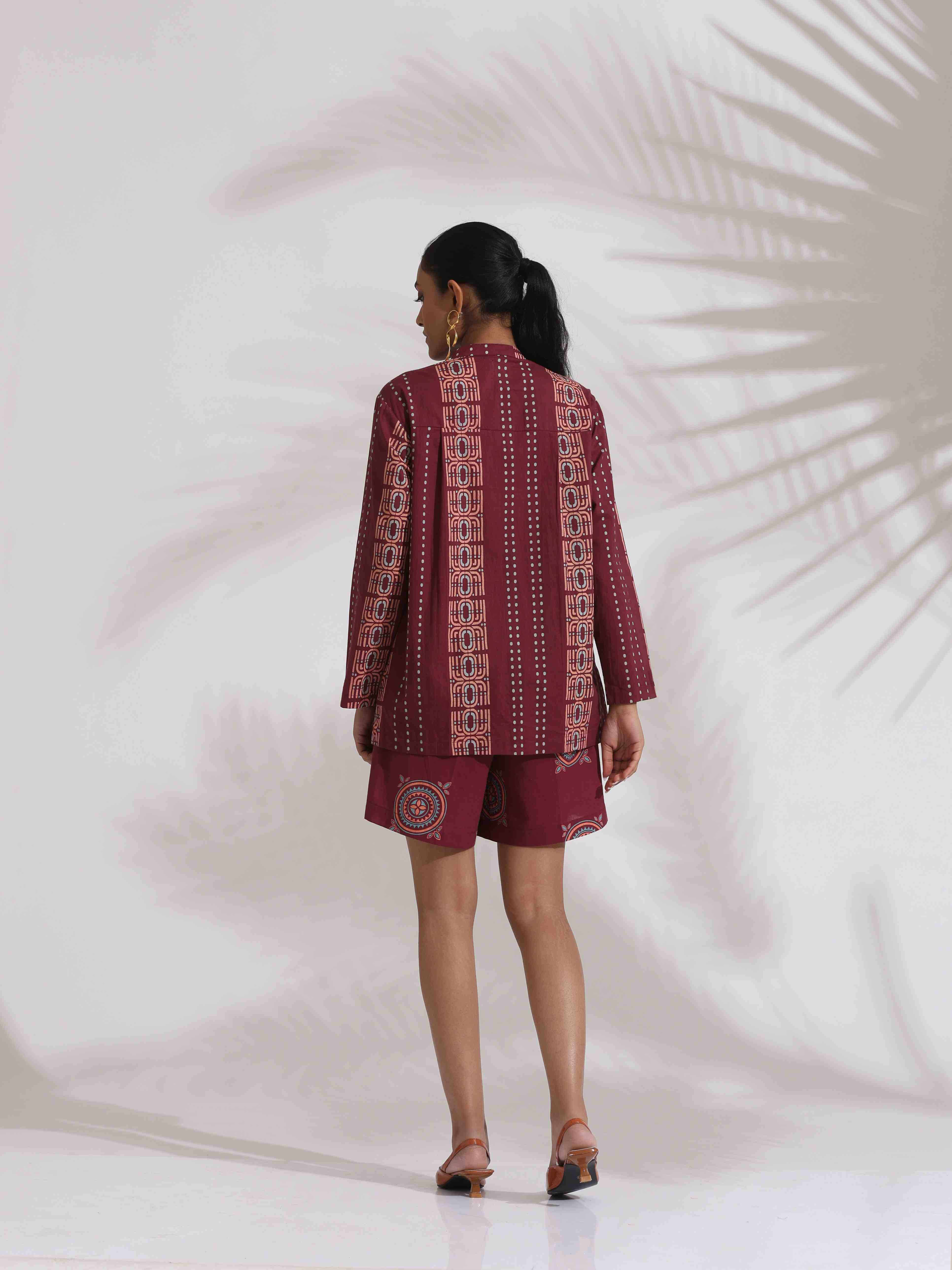 trueBrowns Purple Cotton Print Short Co-ord Set