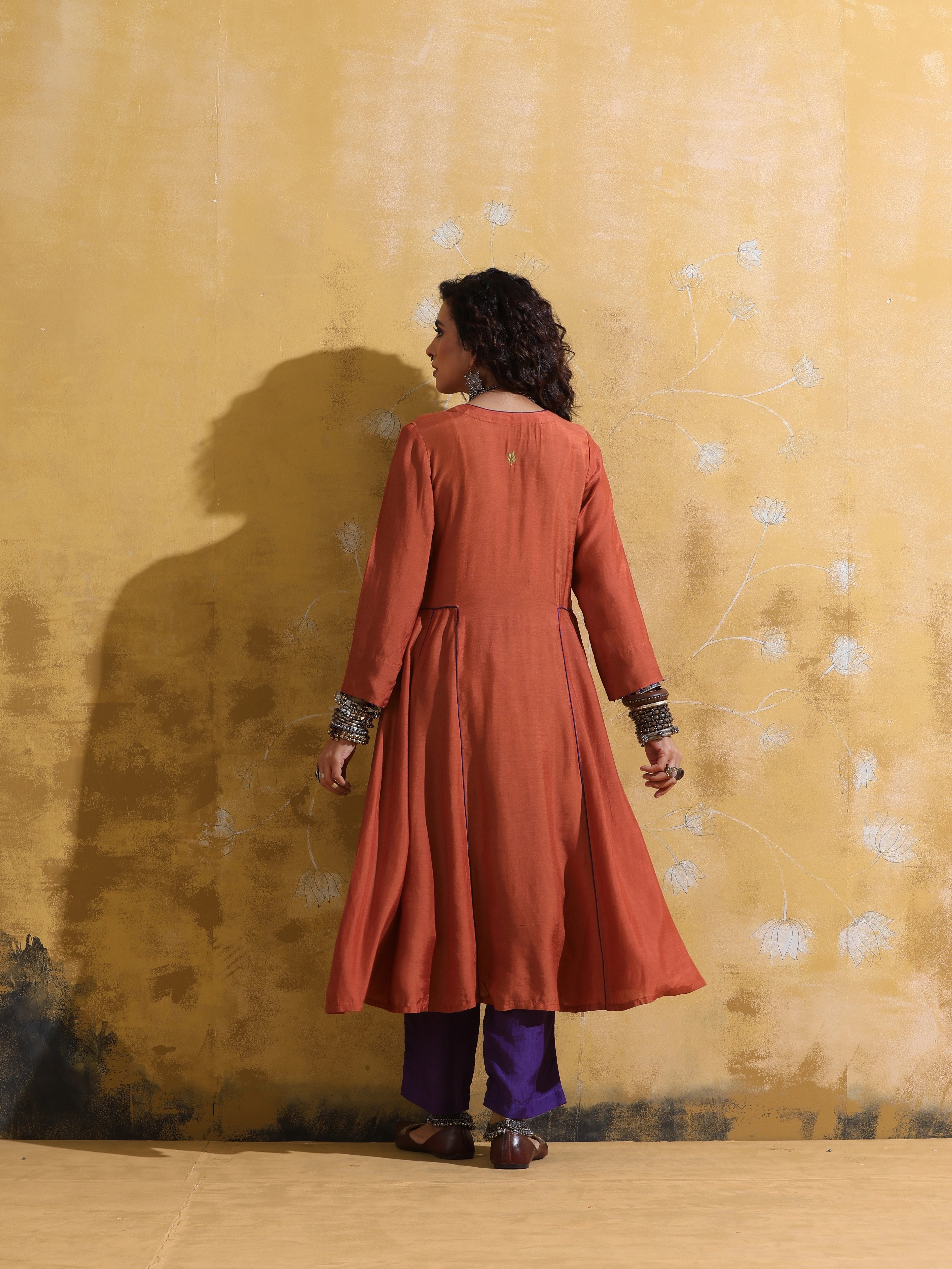 trueBrowns Rust Muslin Silk Fit and Flare Kurta Pant Set