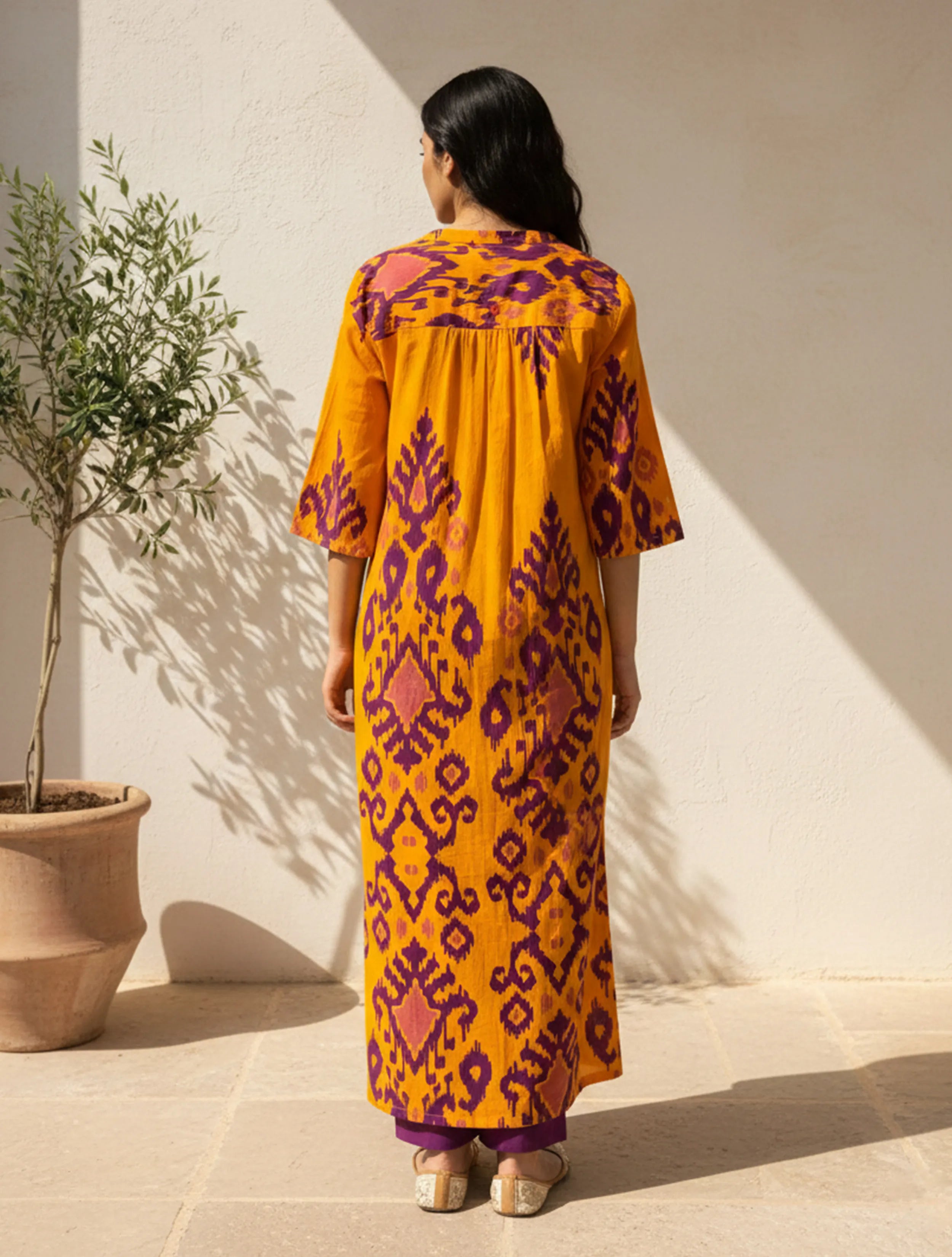 trueBrowns Yellow Purple Ikat Print Cotton High-Low Kurta Set