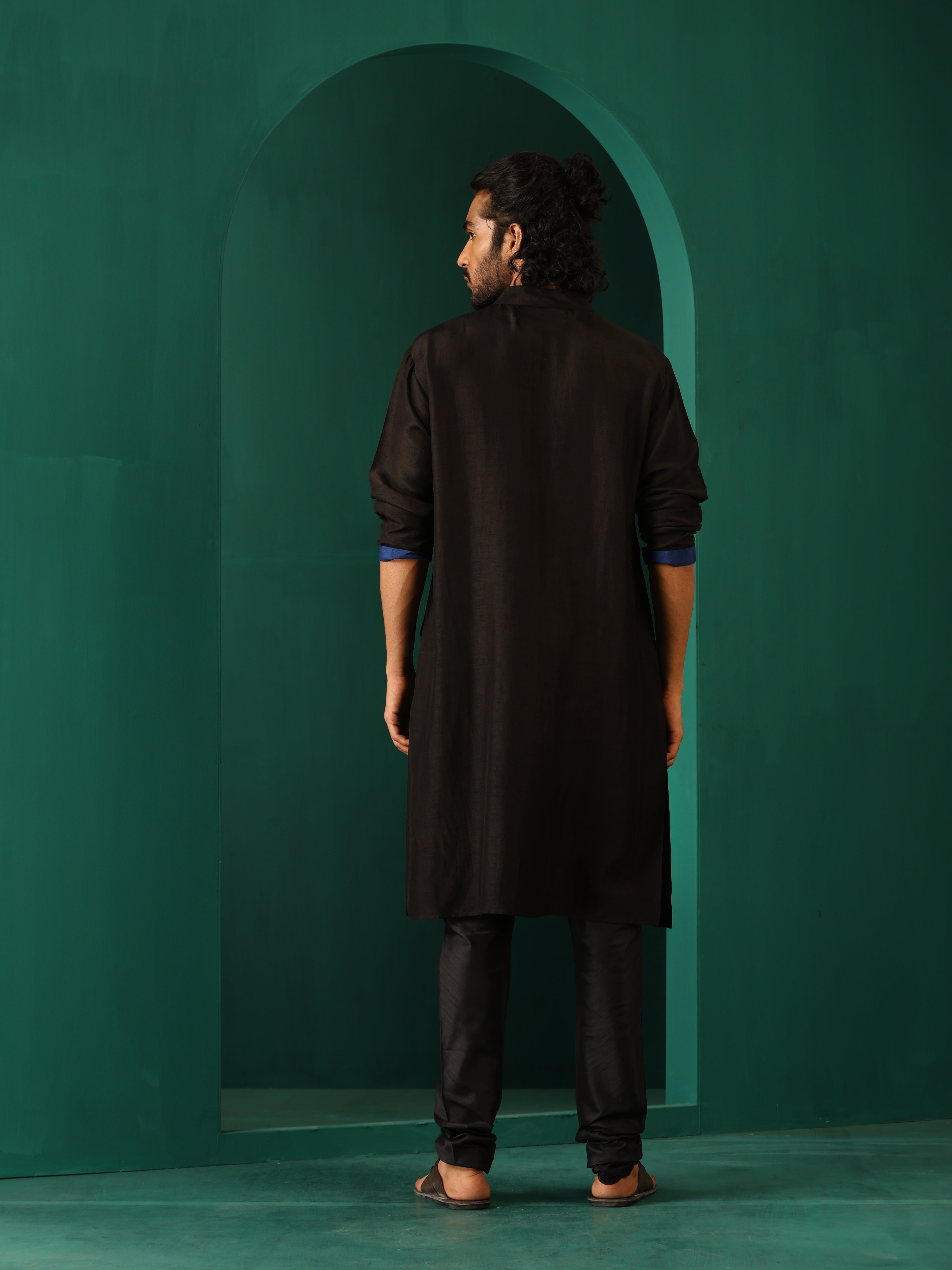 trueBrowns Men Black Silk Long Kurta