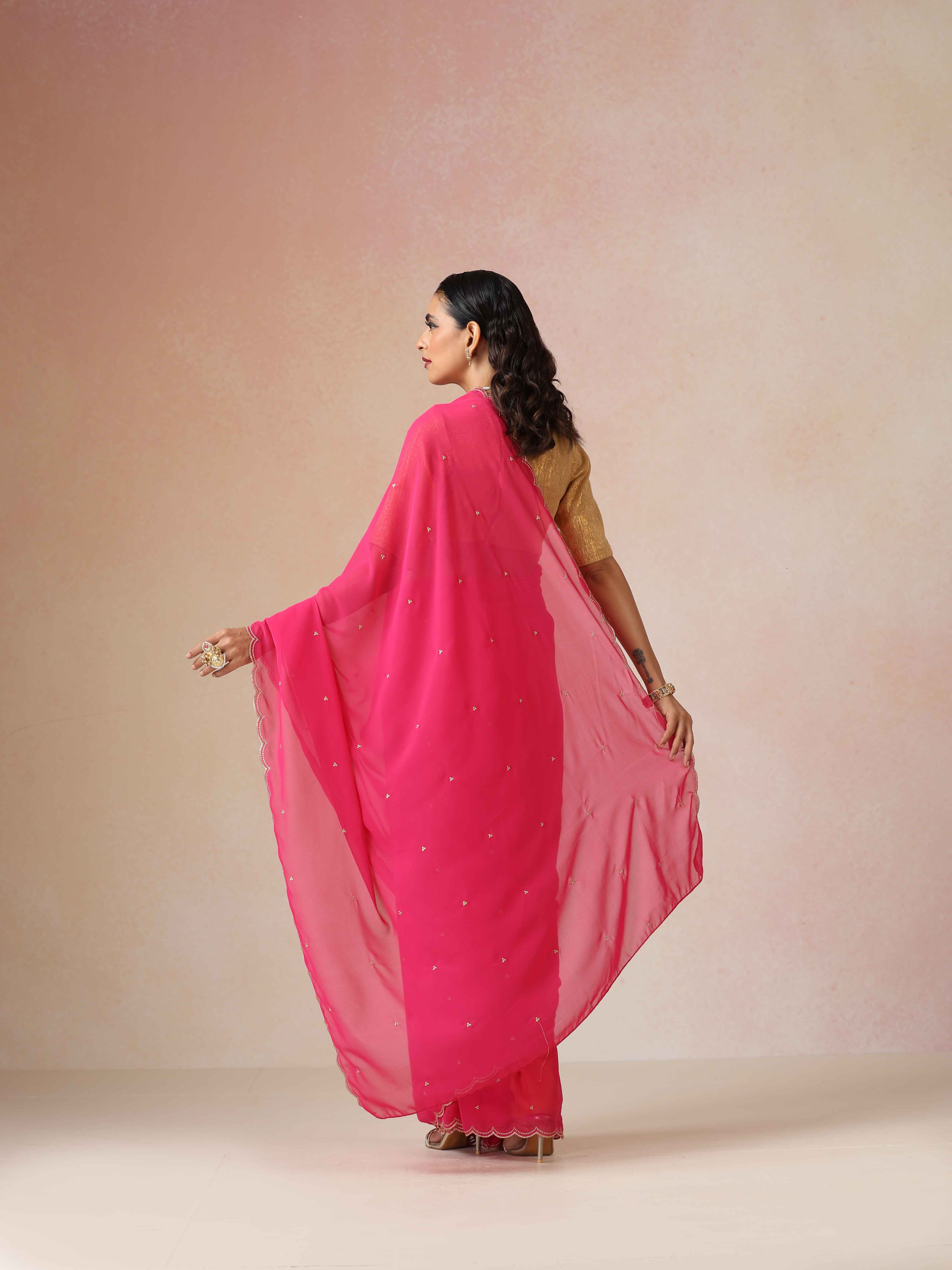 trueBrowns Pink Georgette Embroidered Saree With unstitched Blouse