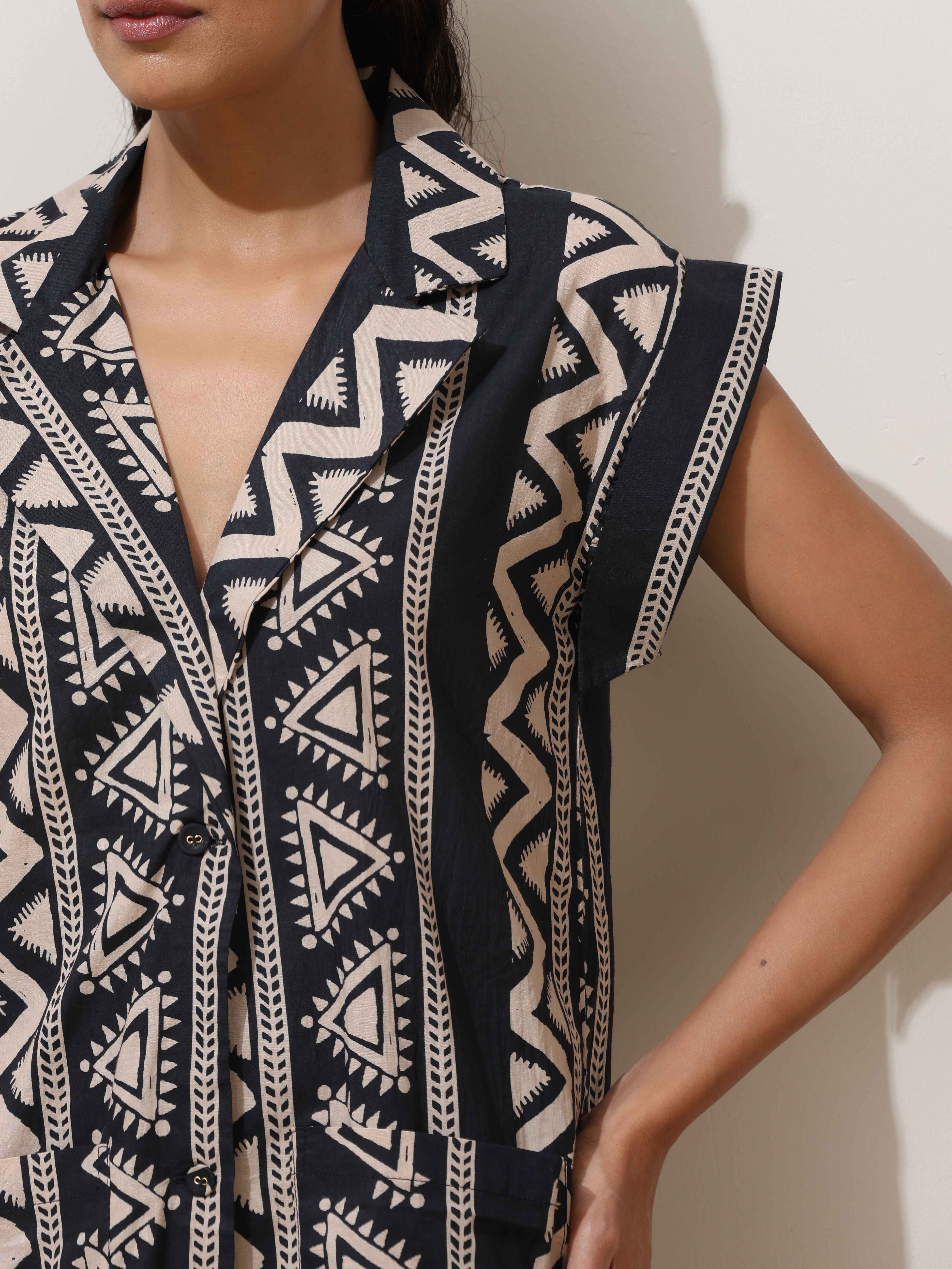 trueBrowns Beige Cotton Geometric Print Jacket Co-ord Set