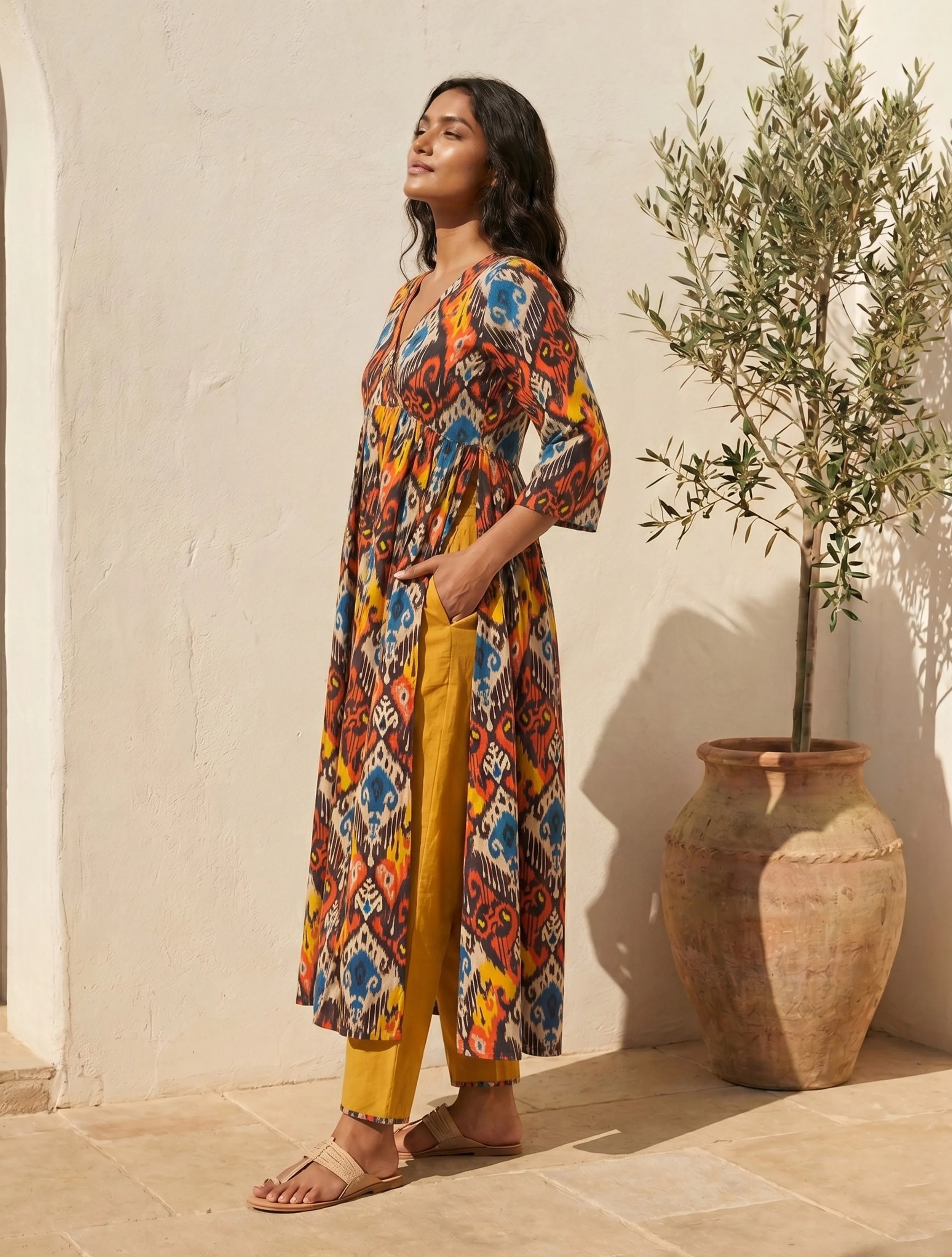 trueBrowns Multicolour Ikat Print Cotton Anarkali High-Slit Kurta Set