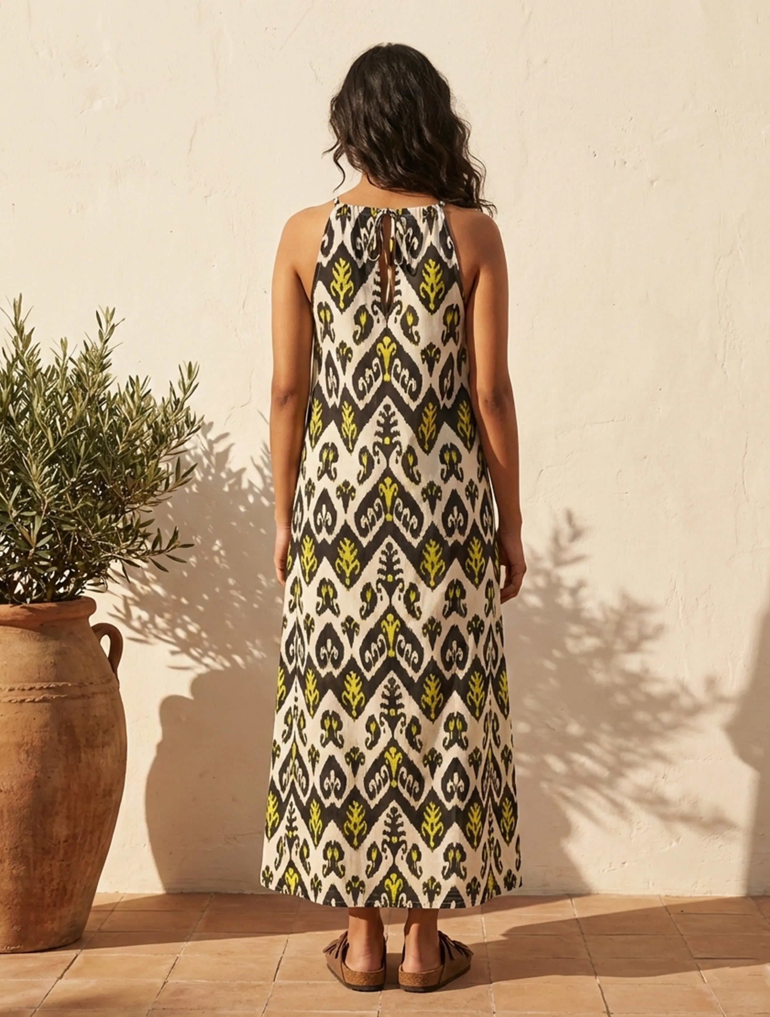 trueBrowns Black White Ikat Print Cotton Mull Long Dress