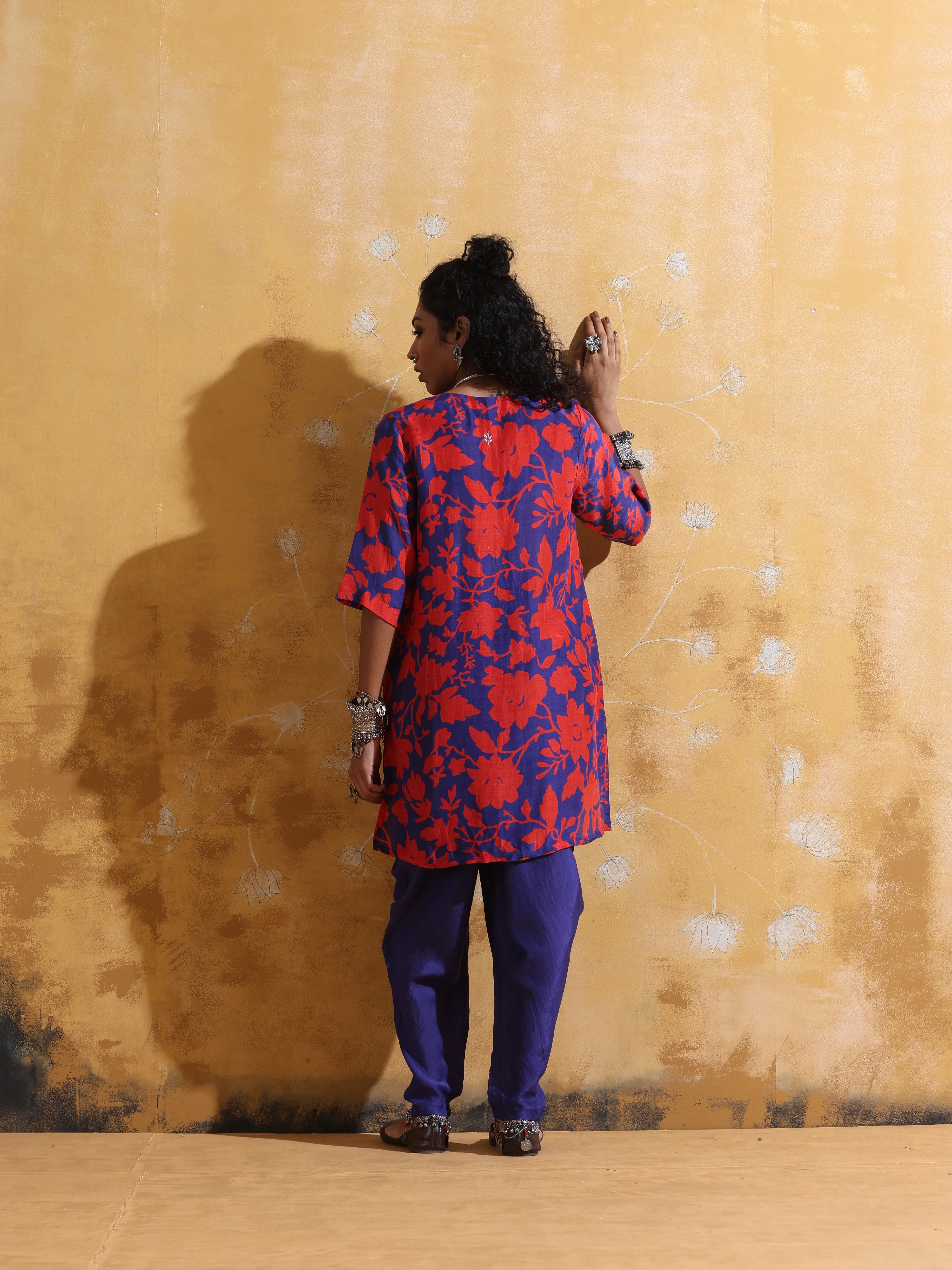 trueBrowns Purple Red Jaal Print Muslin Silk Dhoti Co-ord Set