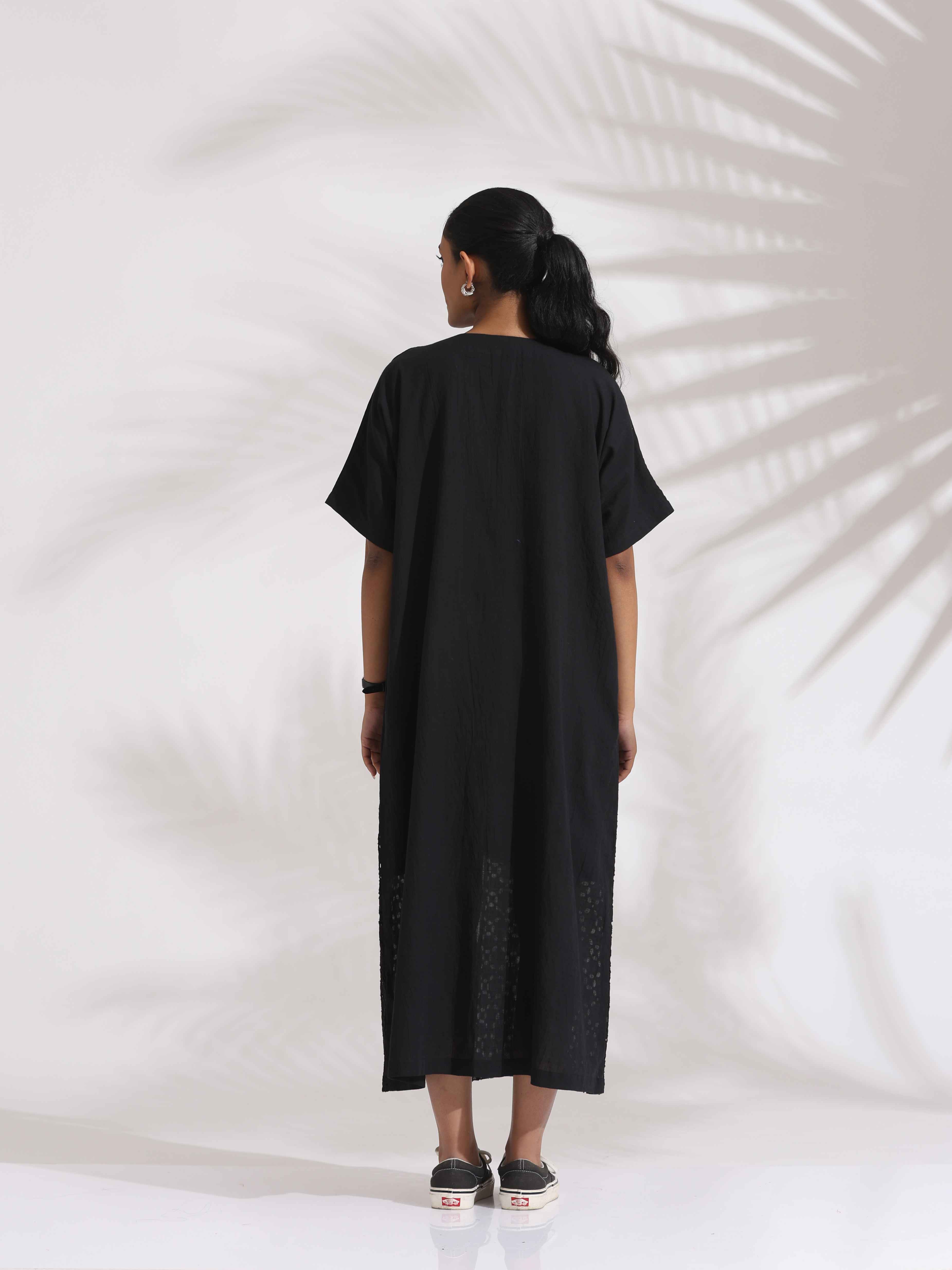 trueBrowns Black Cotton Schiffli Slit Dress