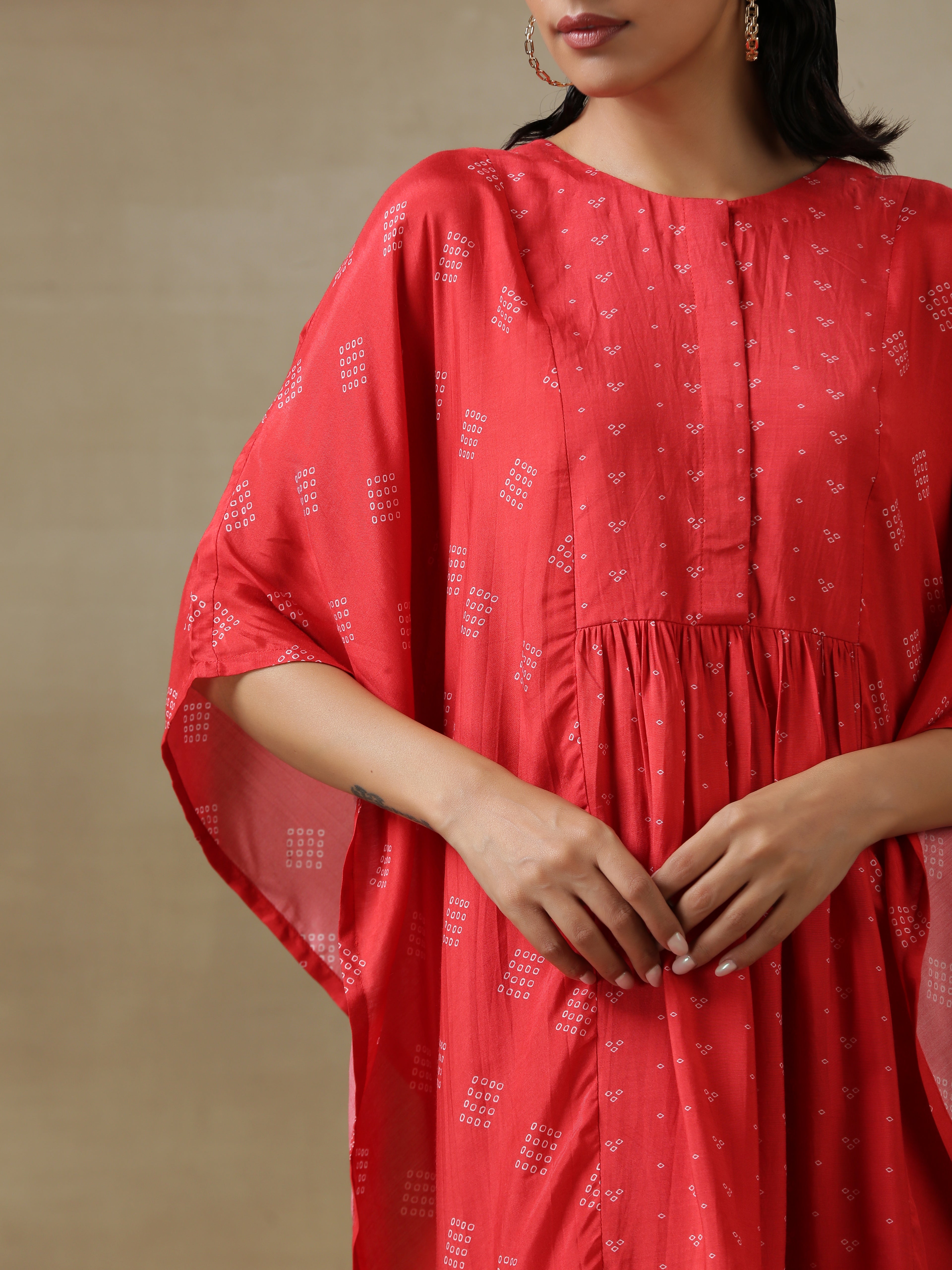 Red Bandhani Printed Silk Kaftan Gathered Co-Ord Set