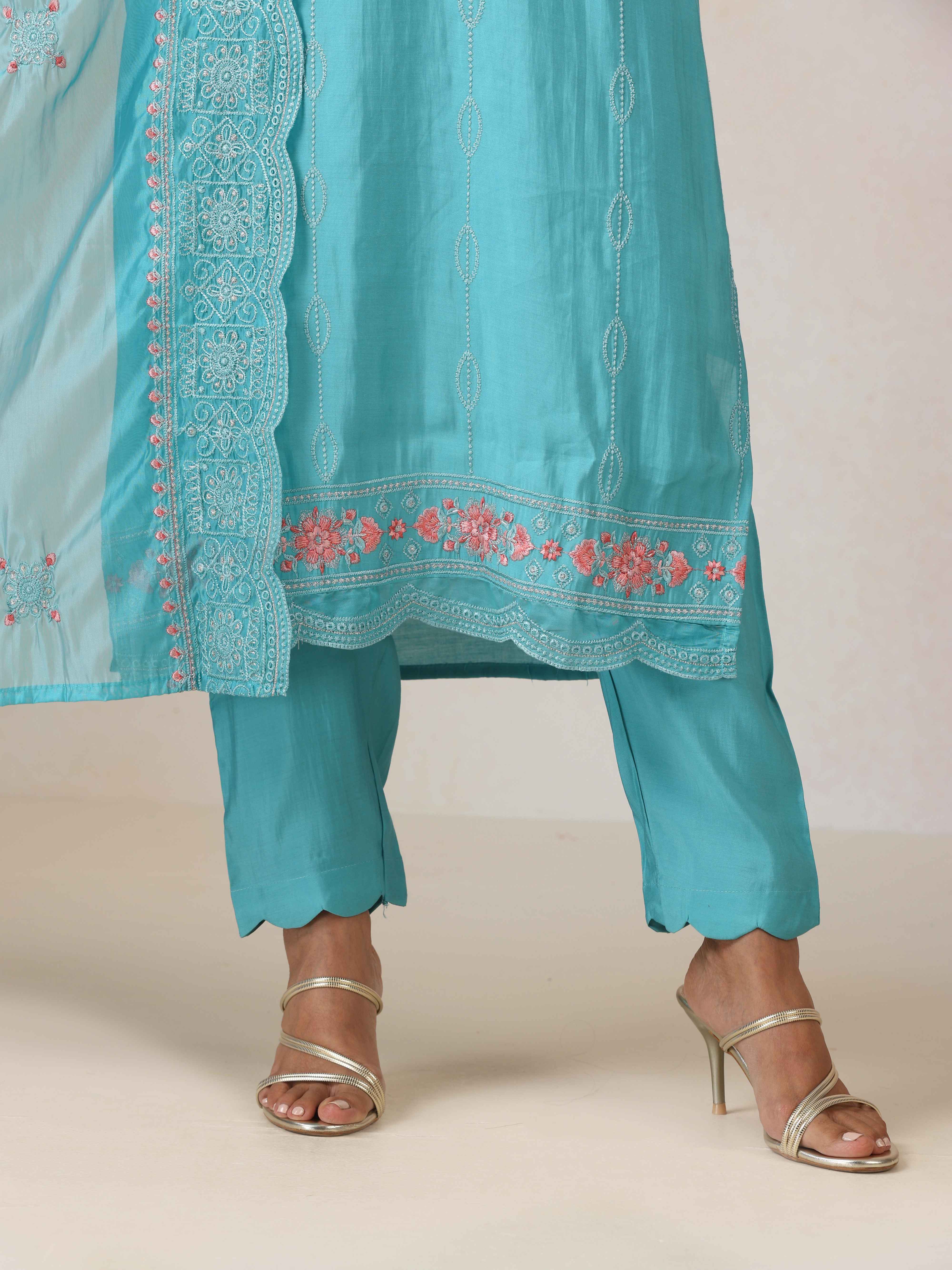 trueBrowns Blue Embroidered Kurta Pant Dupatta Set