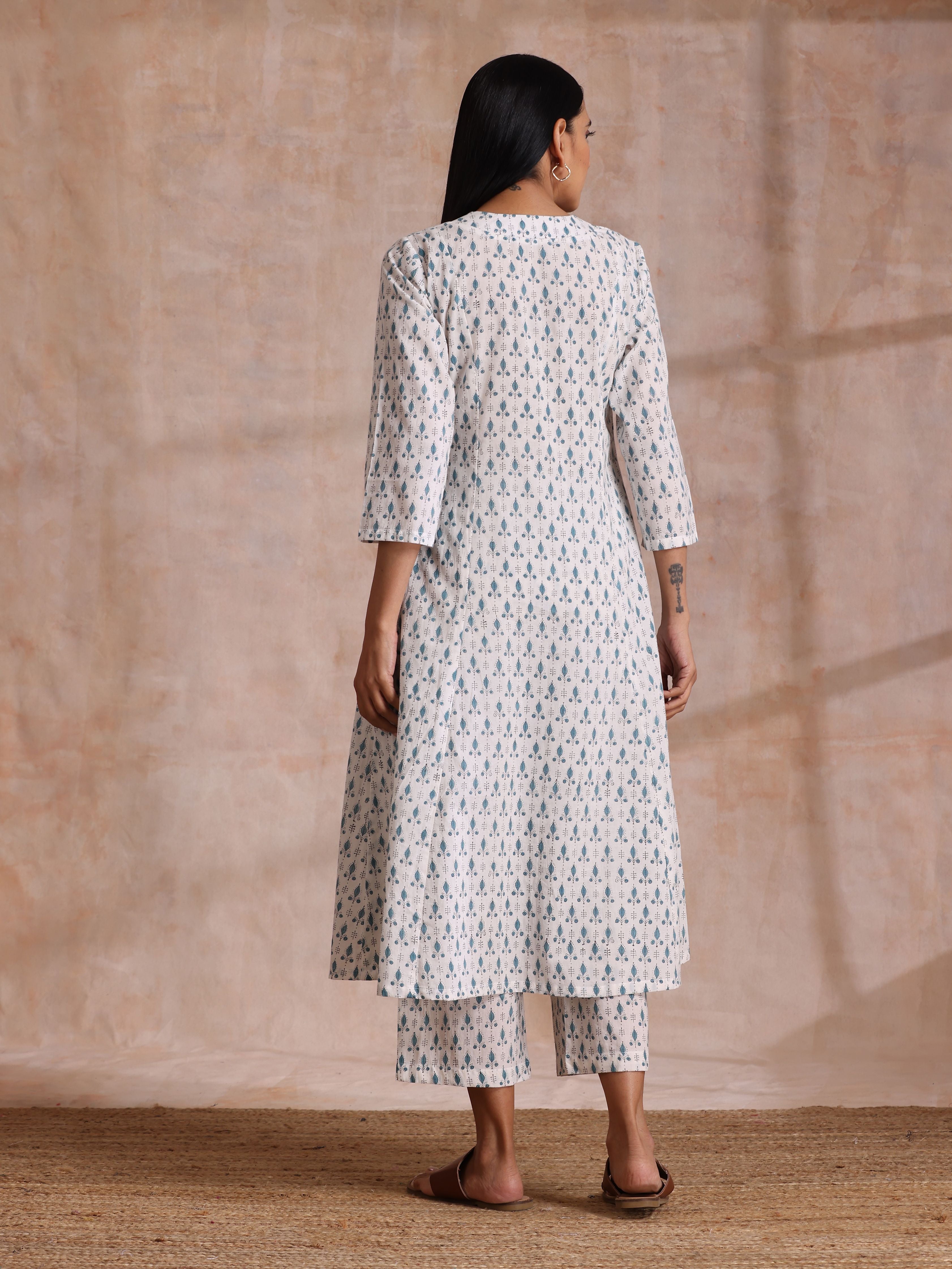 White With Teal Buta Block Print Cotton Front Neck Gathered Kurta Pant Set