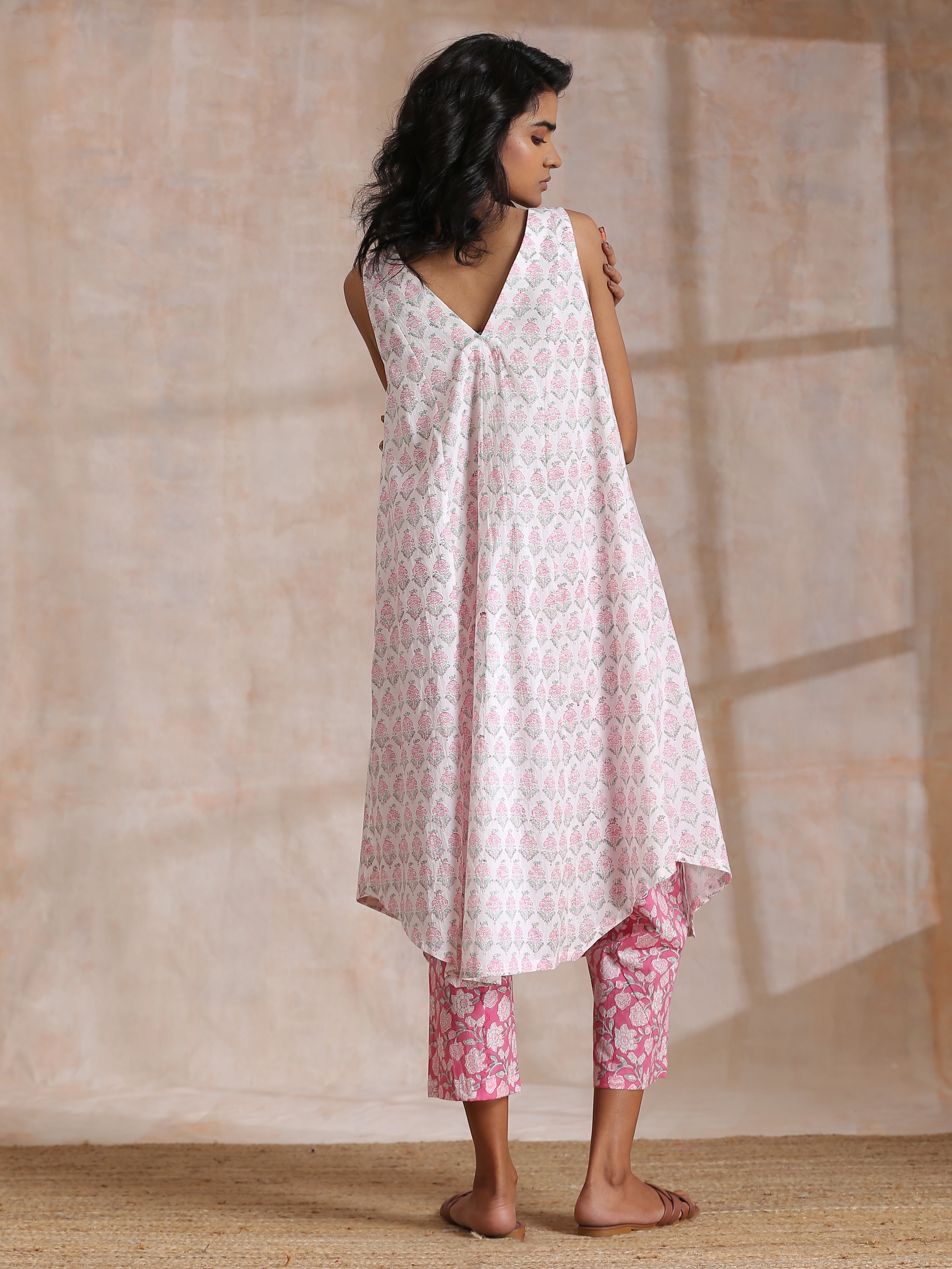 Pink Green Floral On White Block Print Cotton Sleeveless Flared Kurta Pant Set