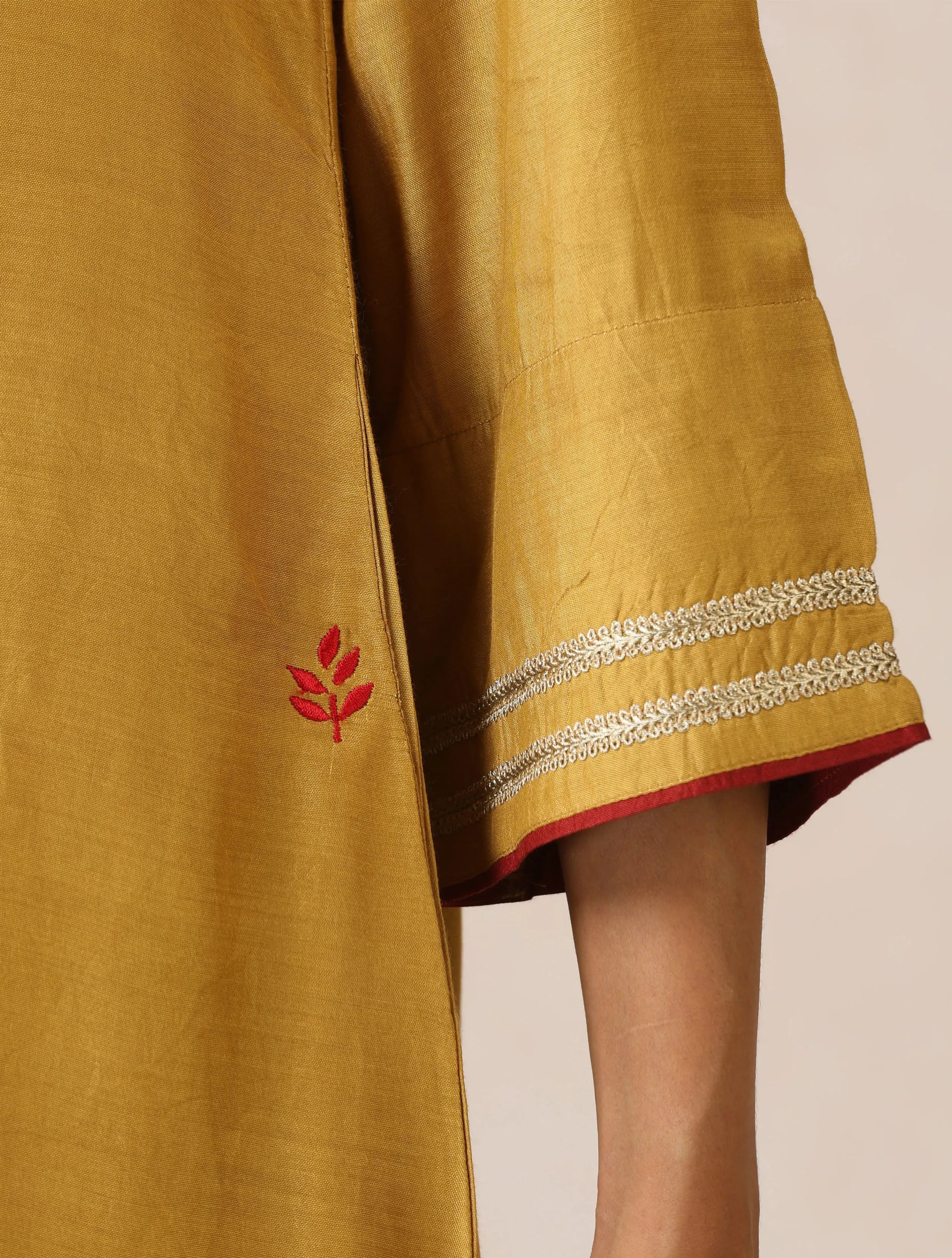 trueBrowns Mustard Gold Foil Print Muslin Silk Kurta Farsi Pants Set