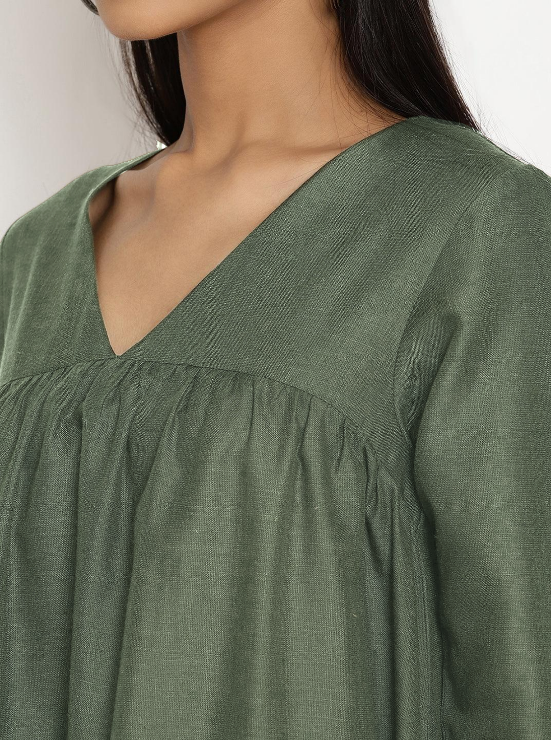 Cotton Linen Light Green Gathered Kurta Pant Set