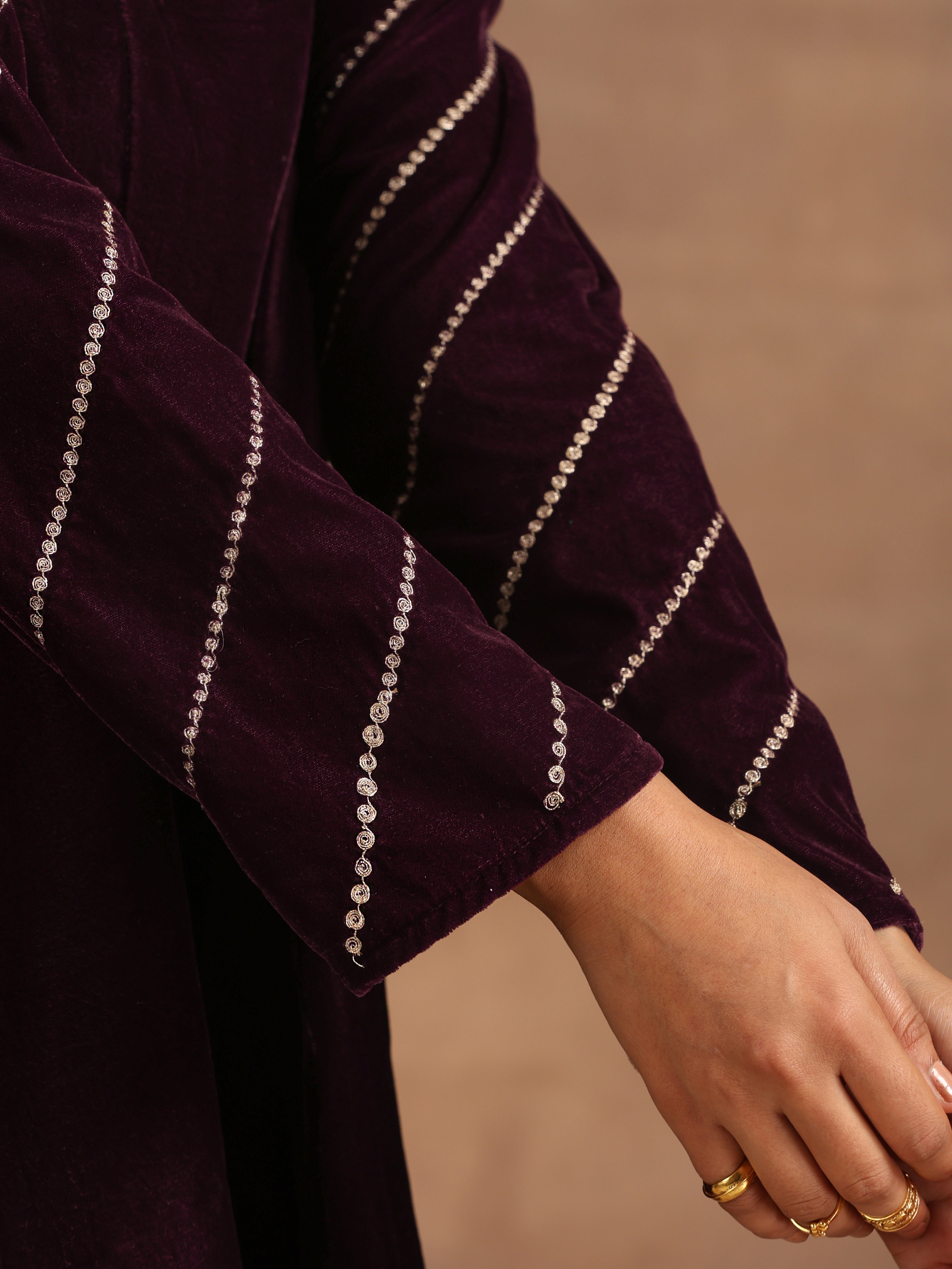 trueBrowns Wine Velvet Sleeve Embroidered Co-ord Set