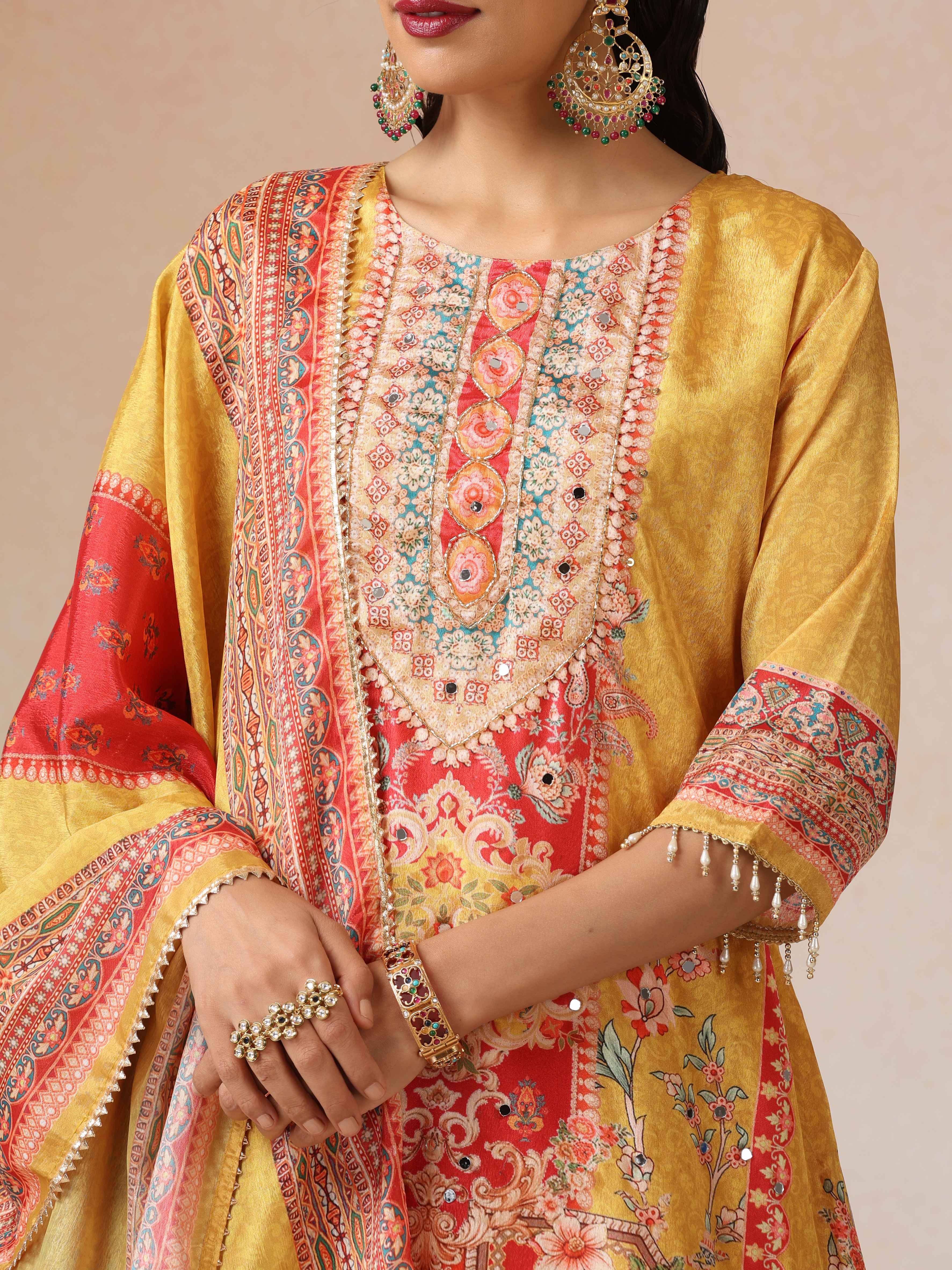 trueBrowns Yellow Print A-Line Kurta 3pc Set
