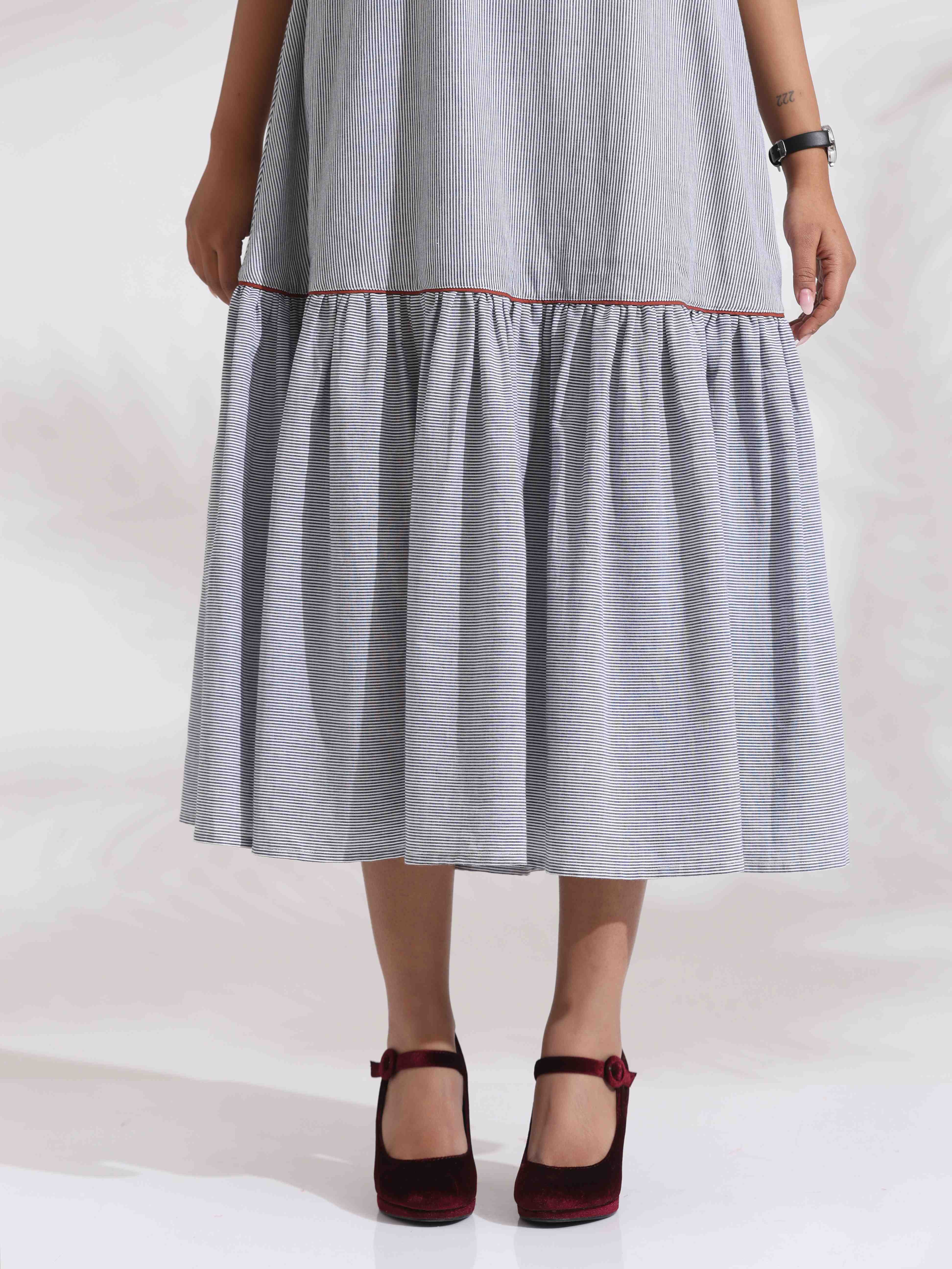 trueBrown Grey Cotton Stripe Tier Dress