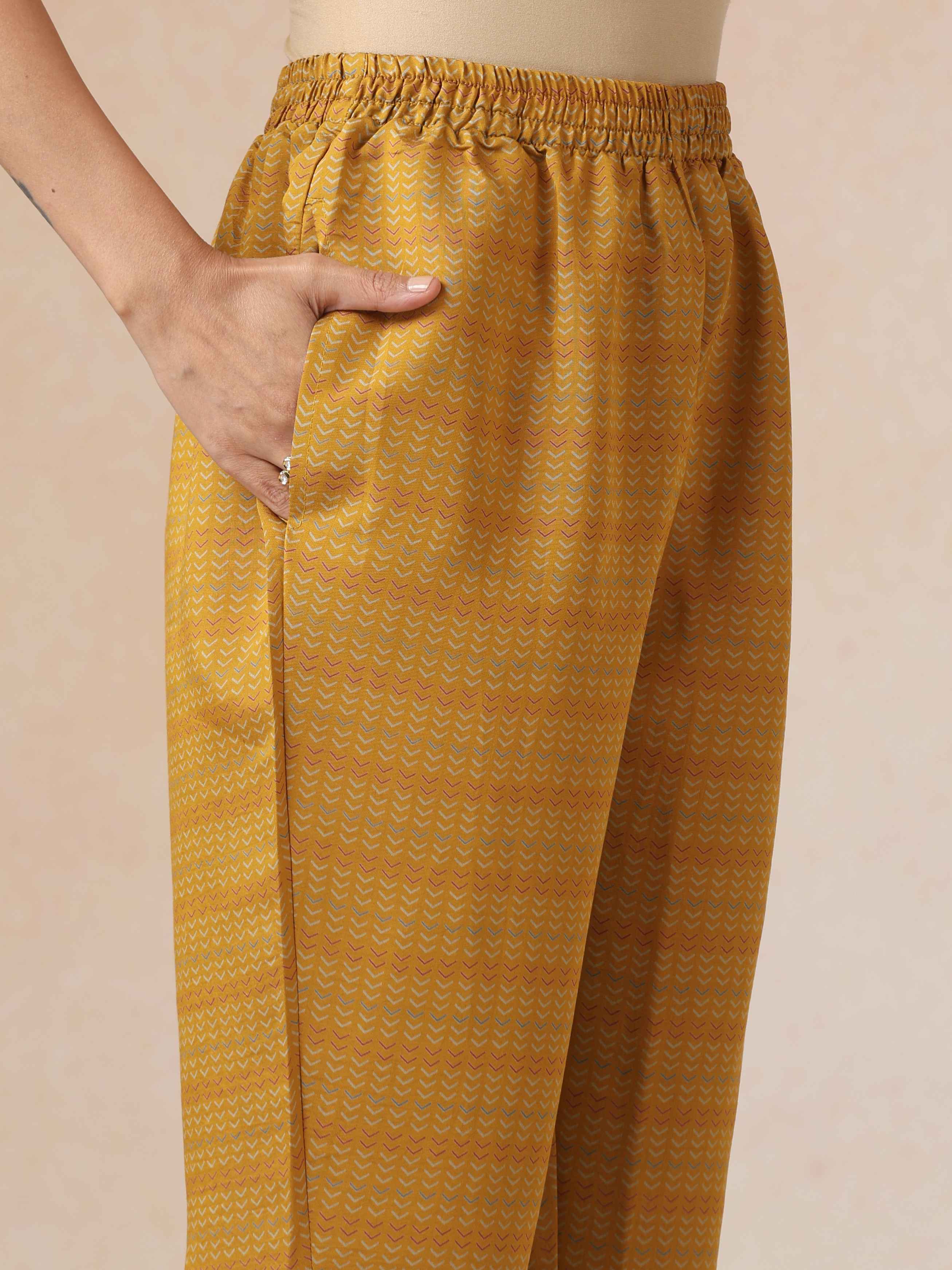 trueBrowns Yellow Embroidered Straight Kurta 3pc Set