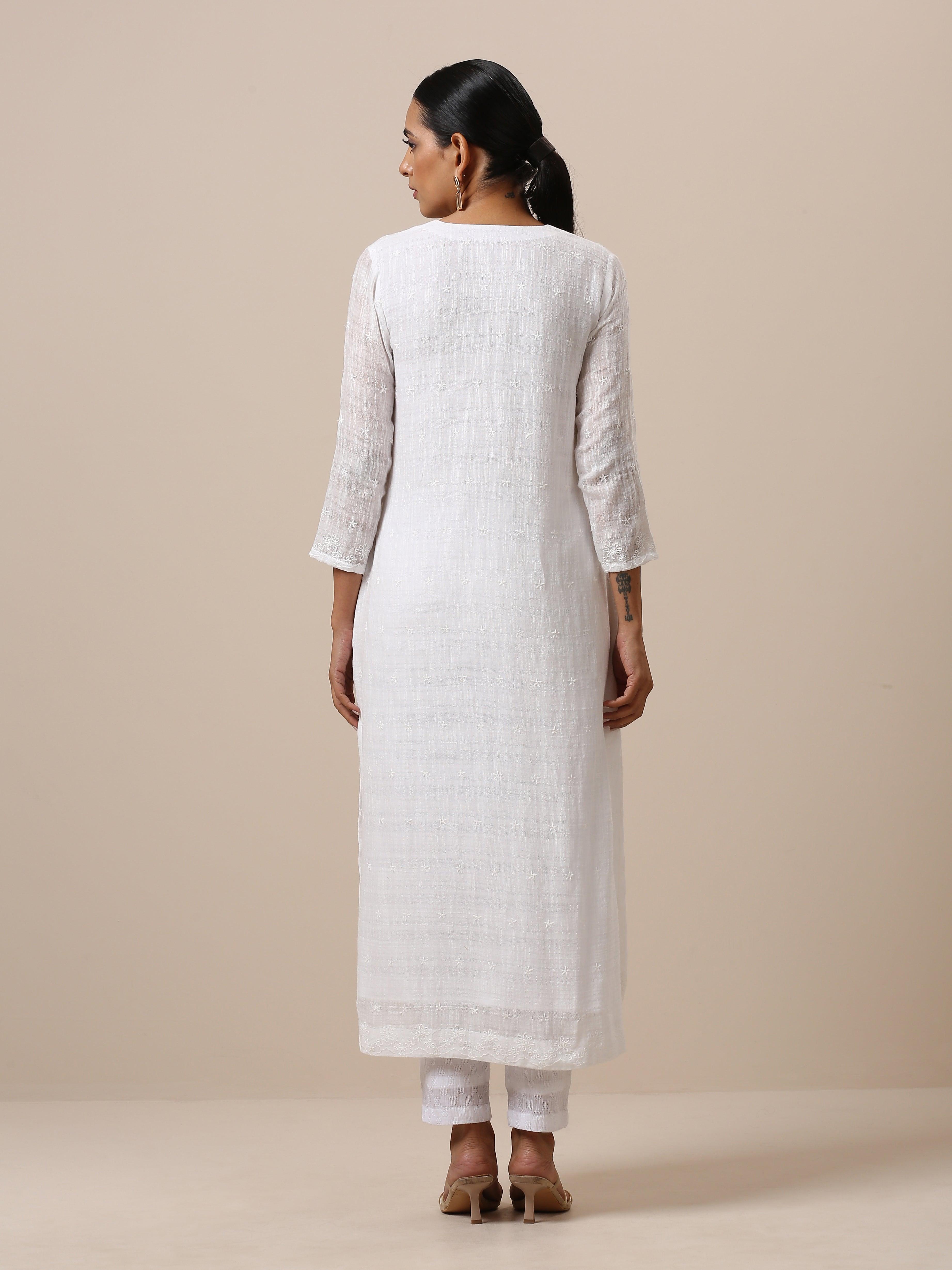Cotton White Double Hem Embroidered Kurta Pant Set - trueBrowns