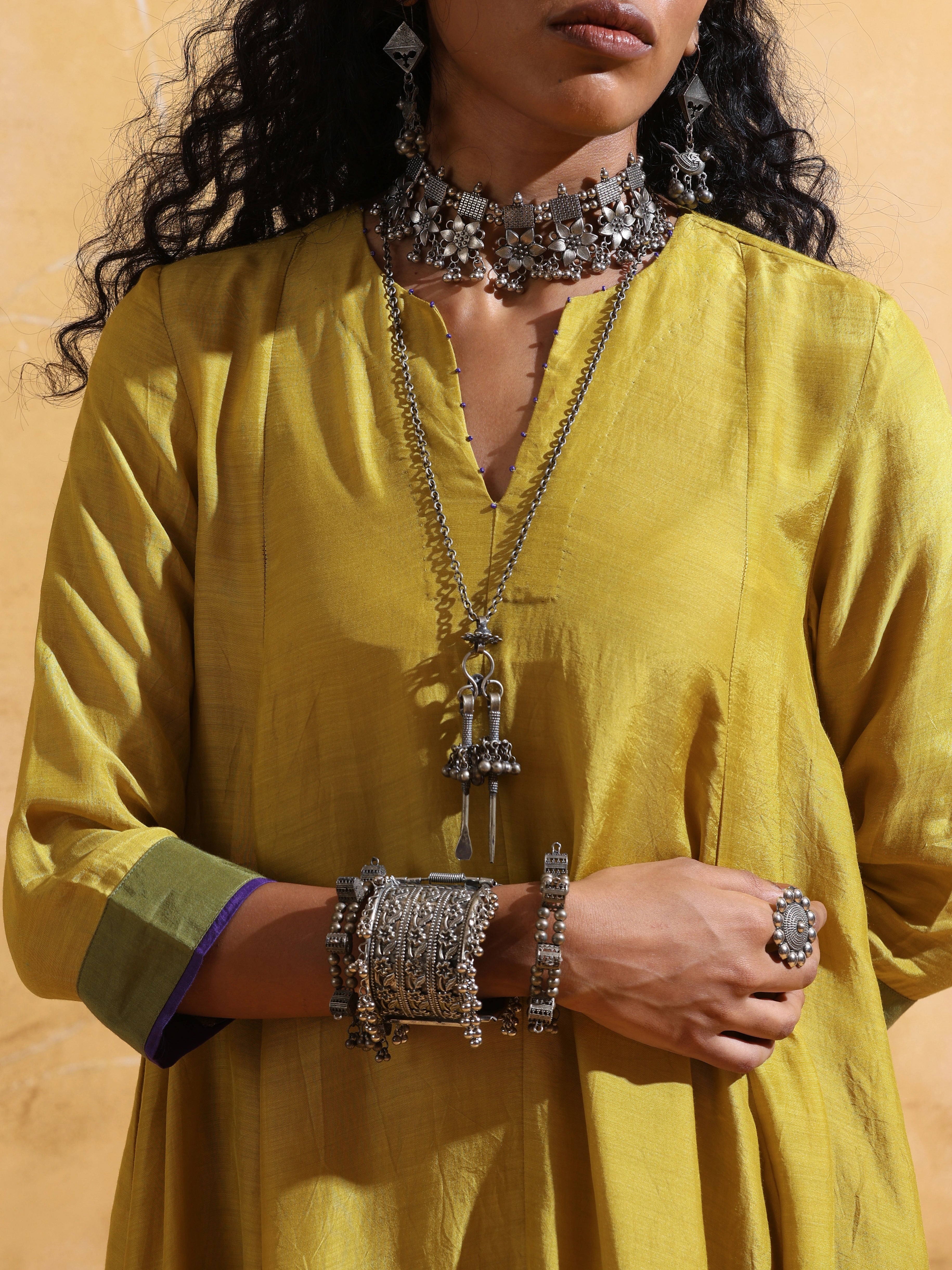 trueBrowns Lime Muslin Silk Flared Kurta Co-ord Set