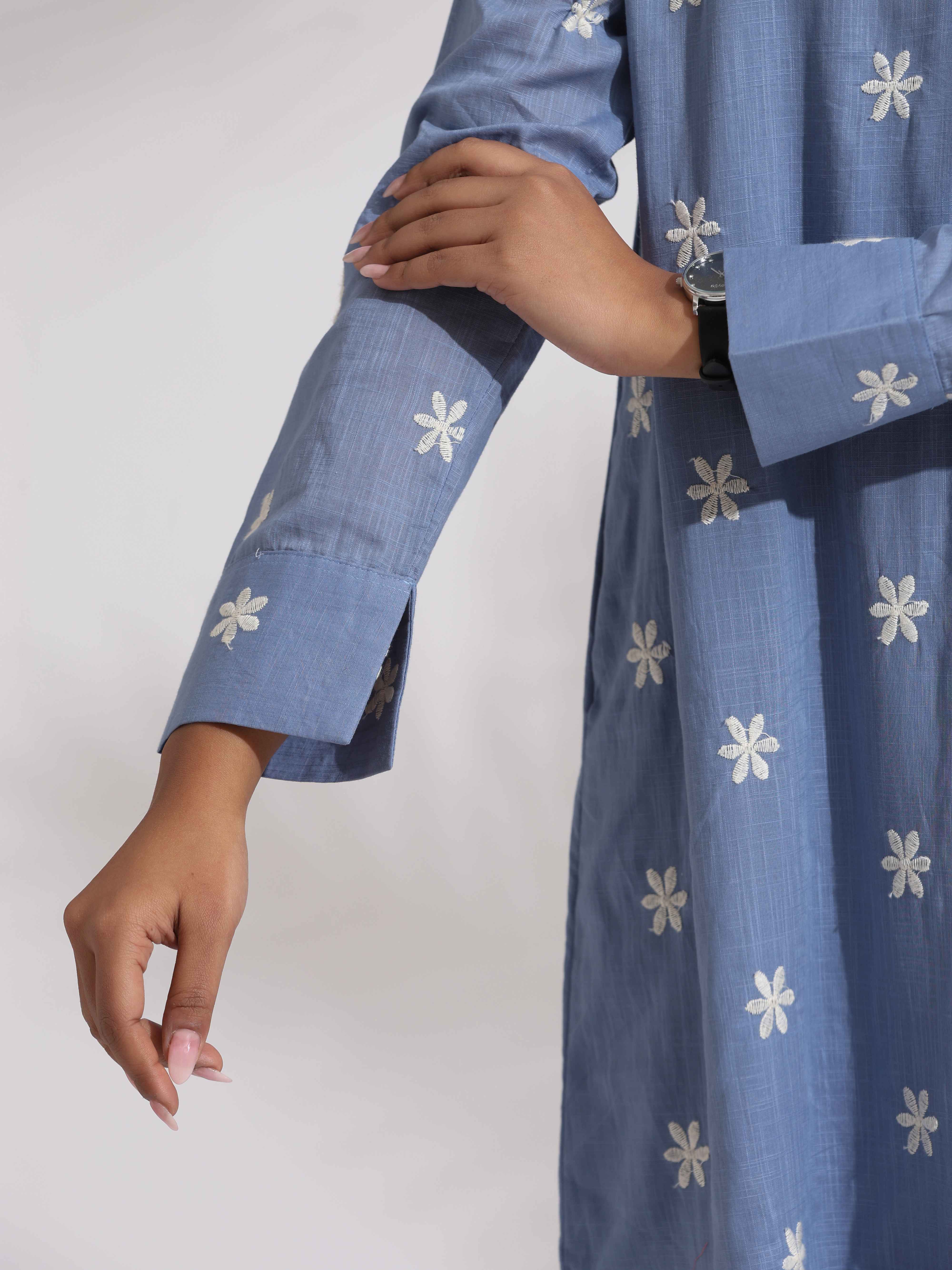 trueBrowns Blue Cotton Floral Embroidered Dress