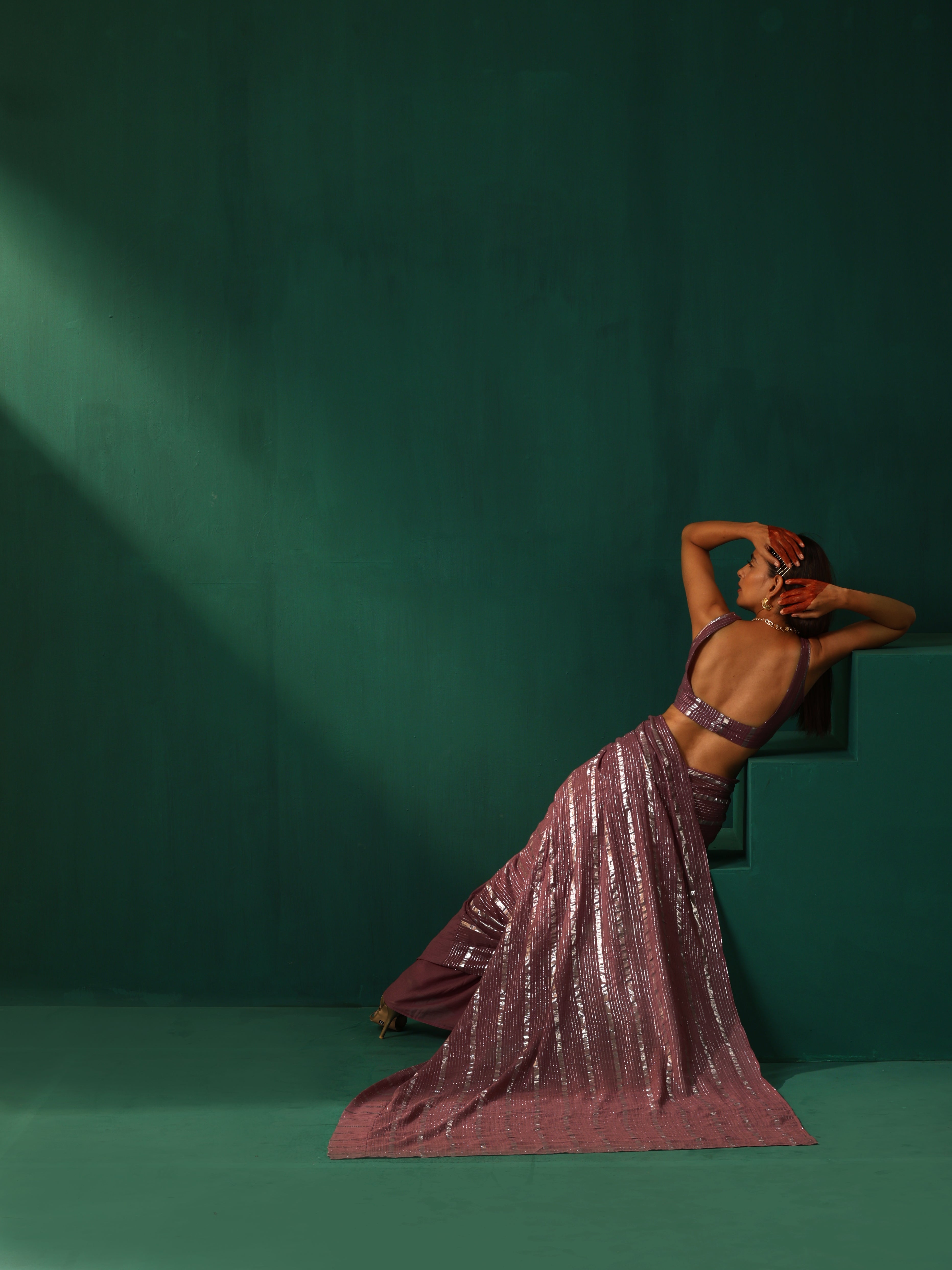 trueBrowns Mauve Cotton Silver Striped Ready to Wear Saree