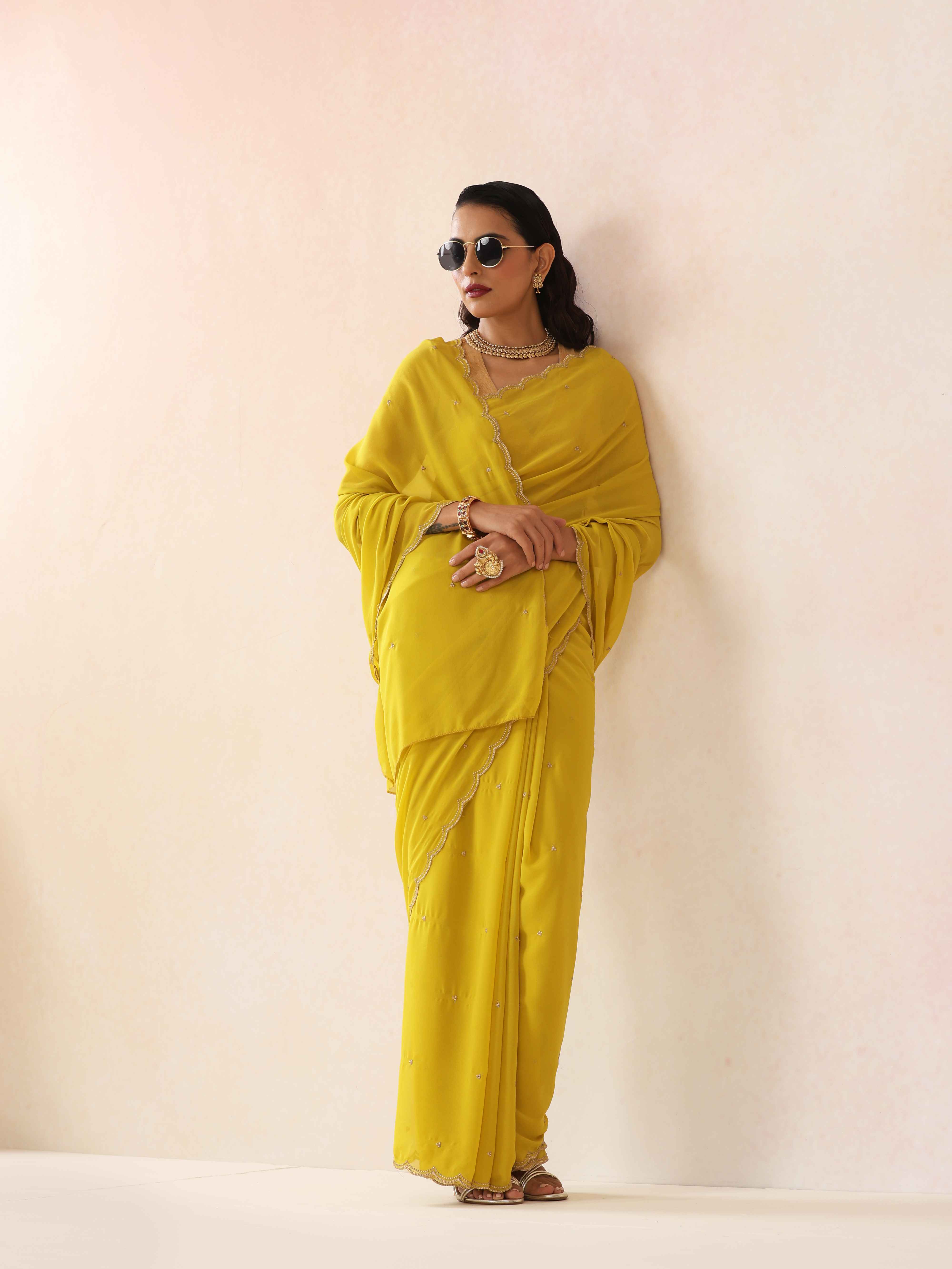 trueBrowns Lime Georgette Embroidered Saree With unstitched Blouse